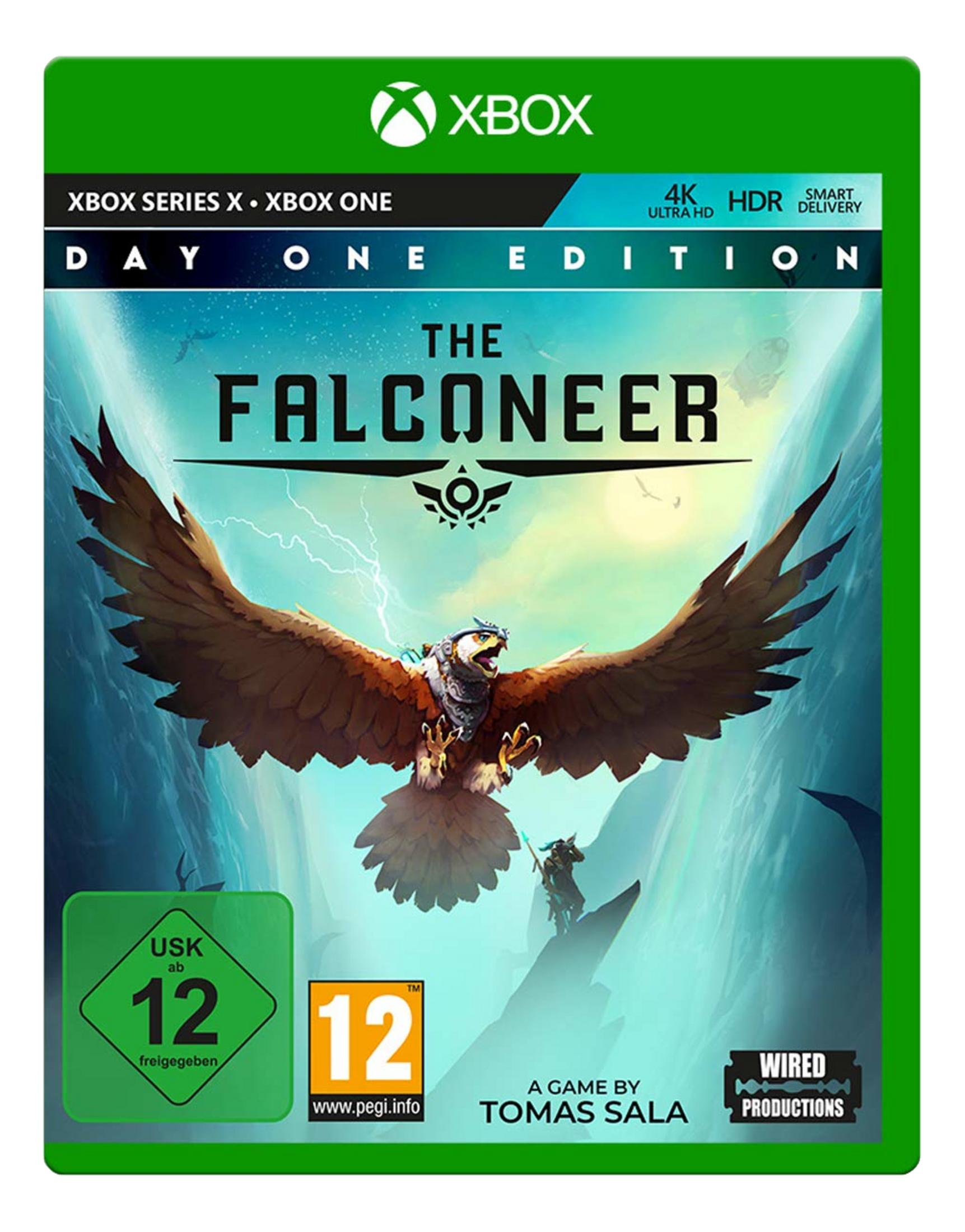 Copertina gioco Xbox: Un falco con ali spiegate, un cavaliere su una roccia.