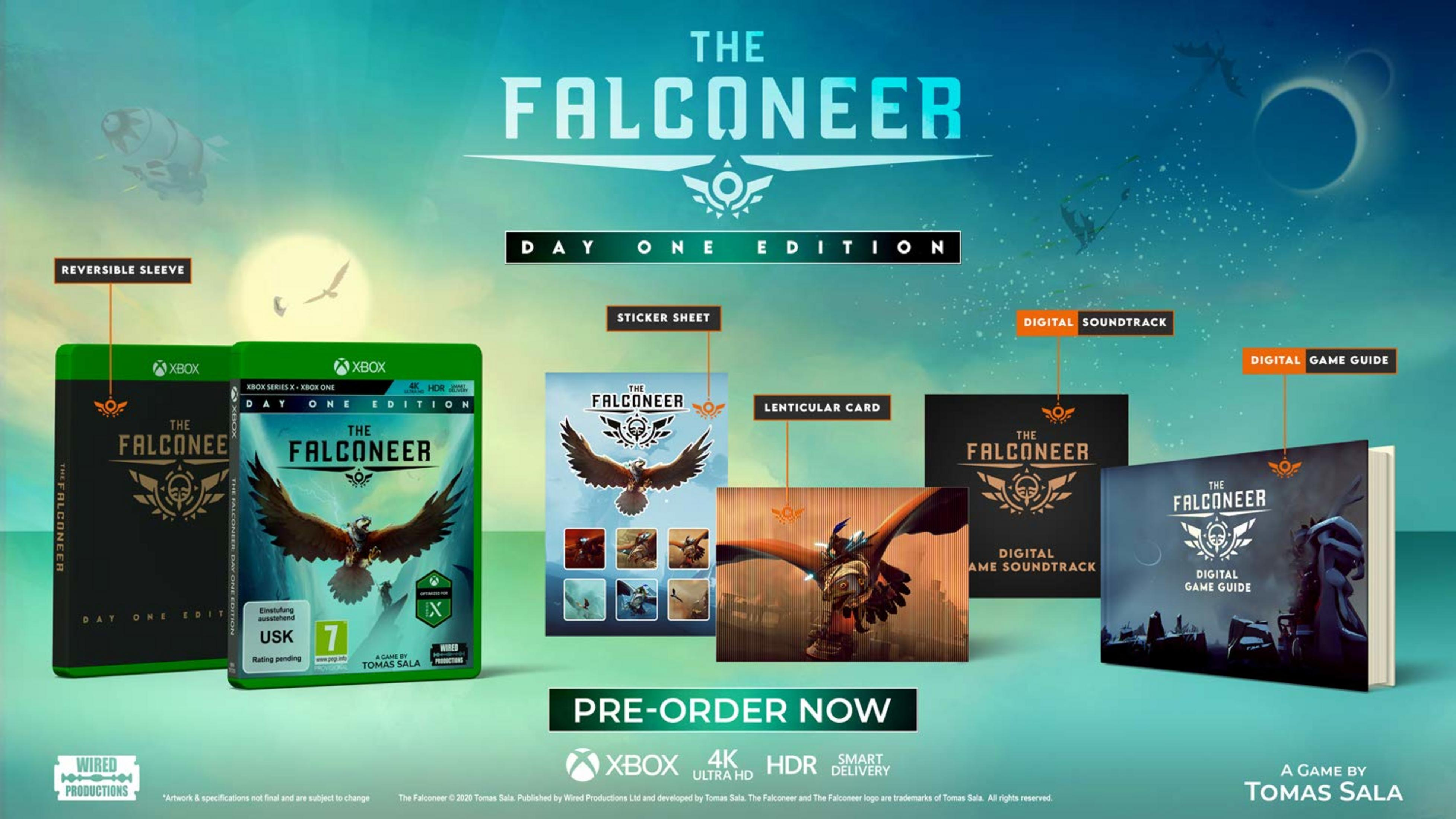 Il gioco Xbox The Falconeer Day One Edition con accessori è pubblicizzato.
