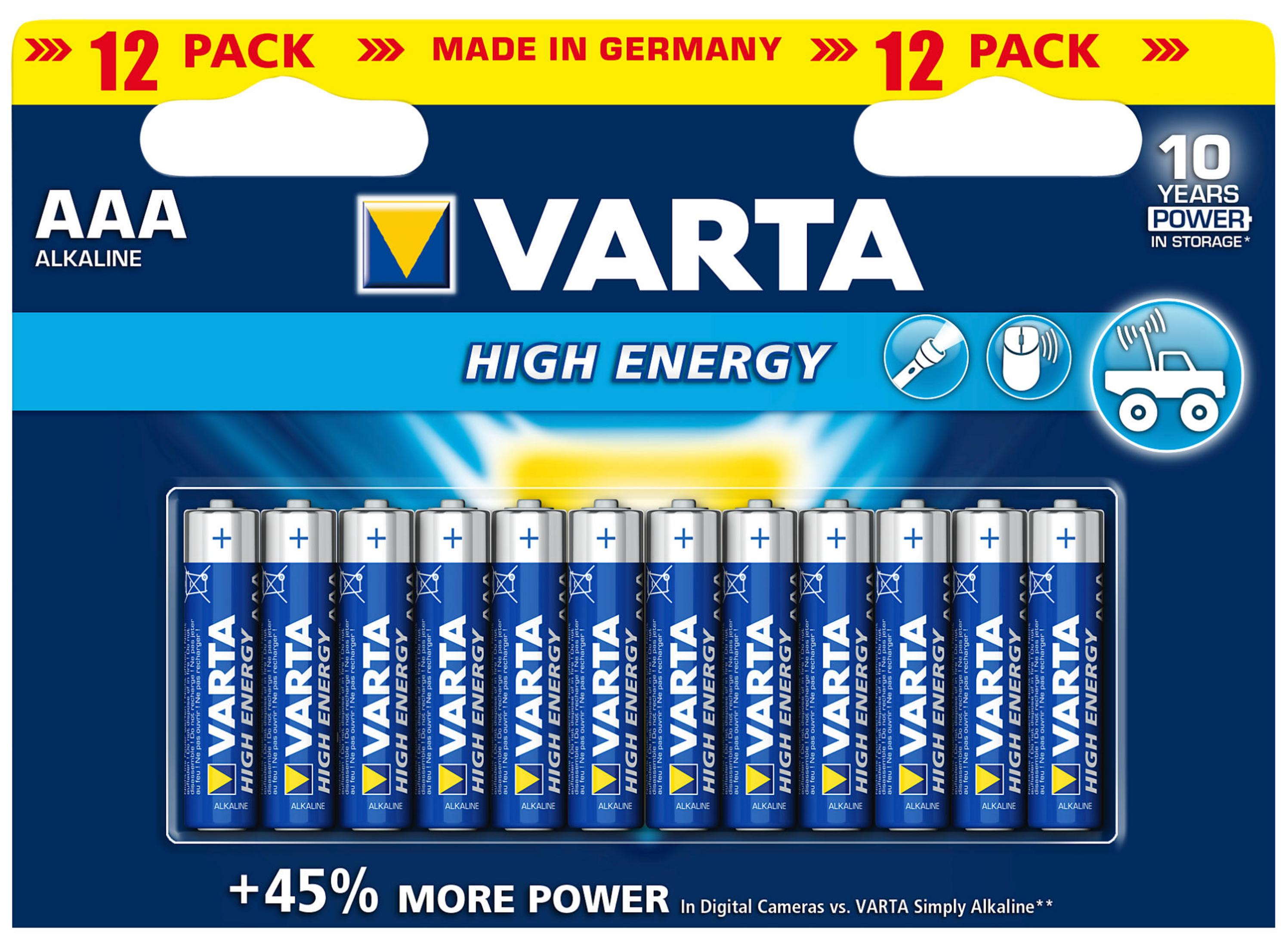 Batterie alcaline Varta AAA, confezione da 12, alta energia, Made in Germany.