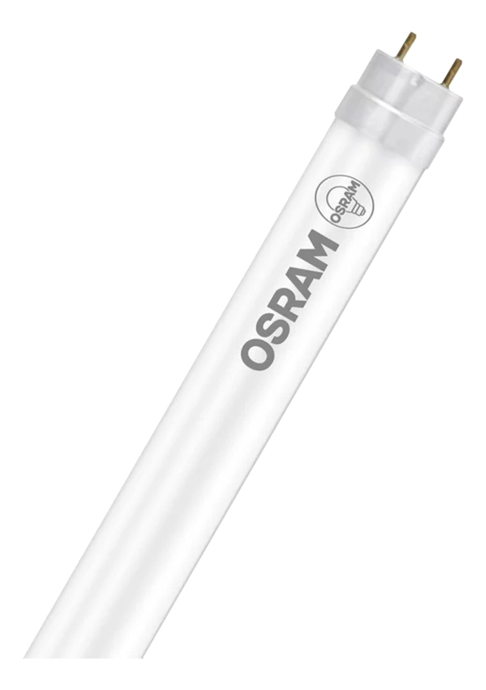 Eine weiße Leuchtstoffröhre mit OSRAM-Logo und zwei goldenen Pins am Ende.