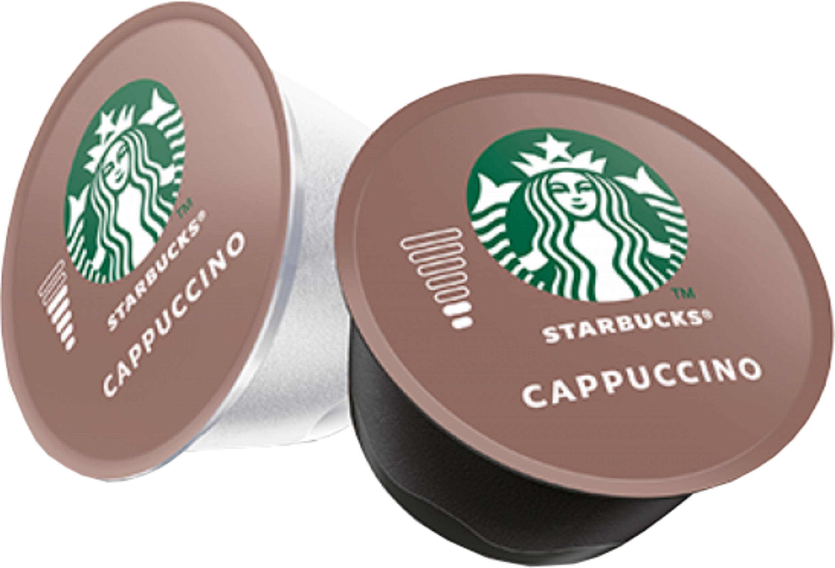 Due capsule di caffè Starbucks Cappuccino, marroni e bianche, con logo.