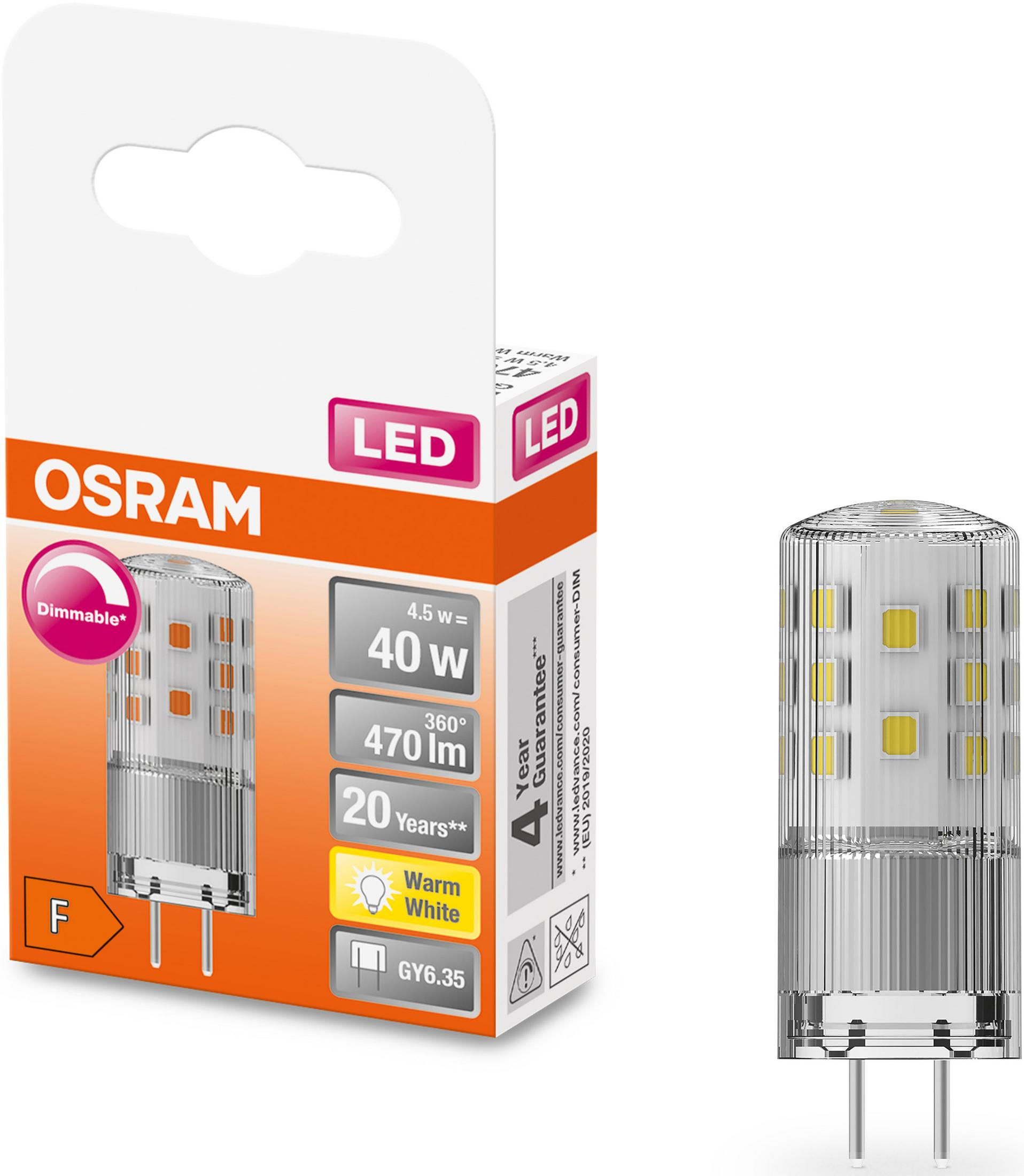 Confezione e lampadina LED OSRAM. 4,5W=40W, 470lm, garanzia 20 anni.