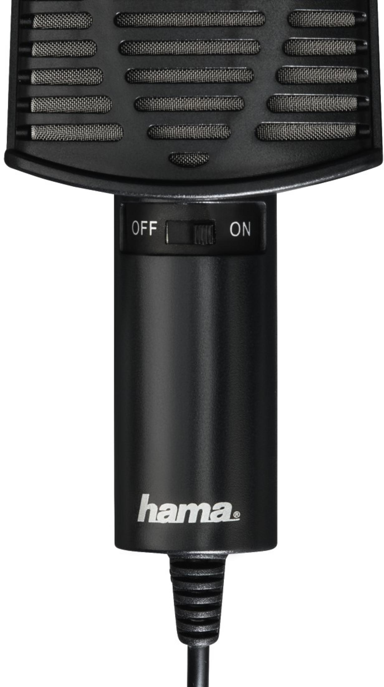 Nahaufnahme eines schwarzen Mikrofons mit HAMA-Logo und Ein/Aus-Schalter.