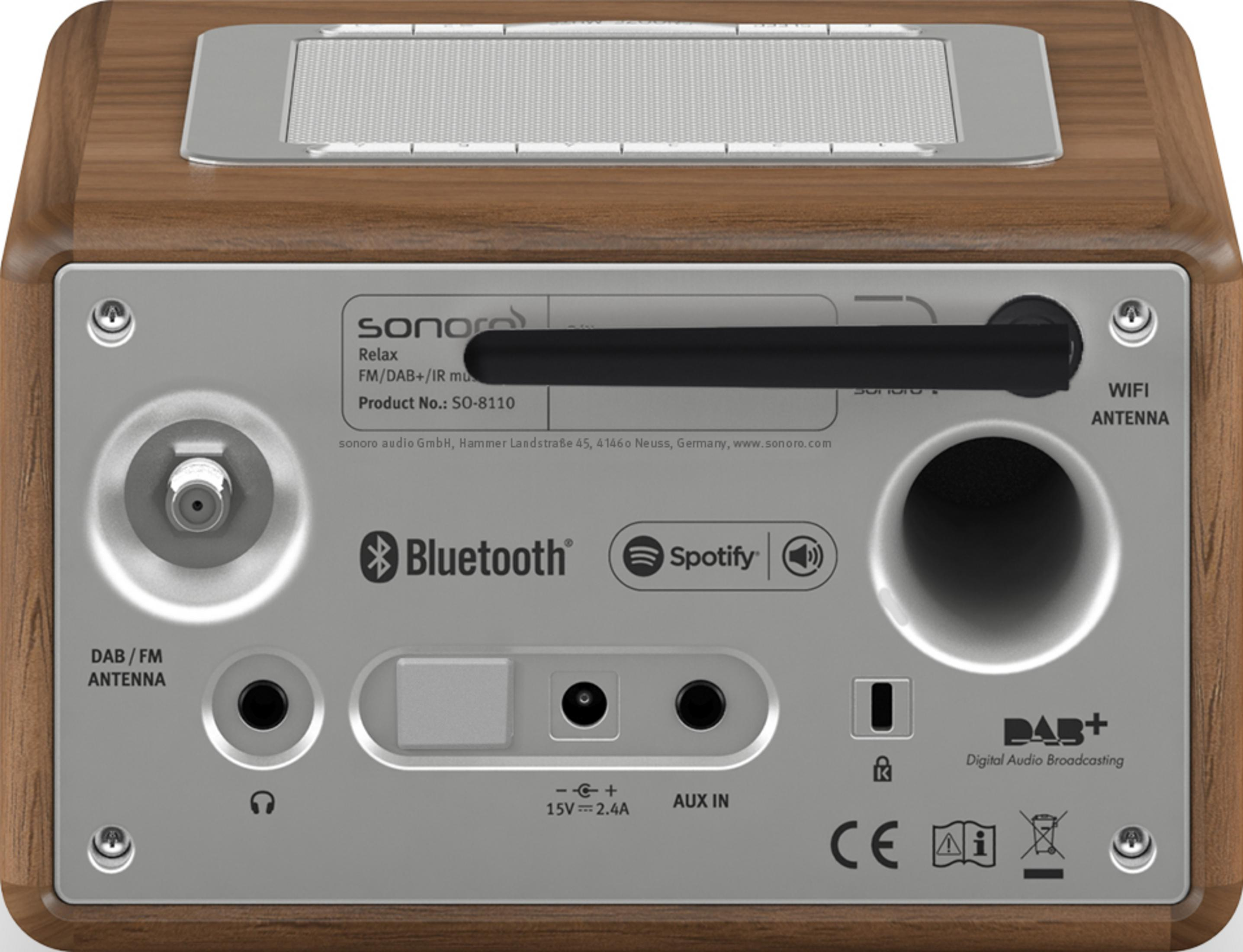 Back of a wooden radio with DAB/FM, Bluetooth, Spotify, AUX, and power connections.