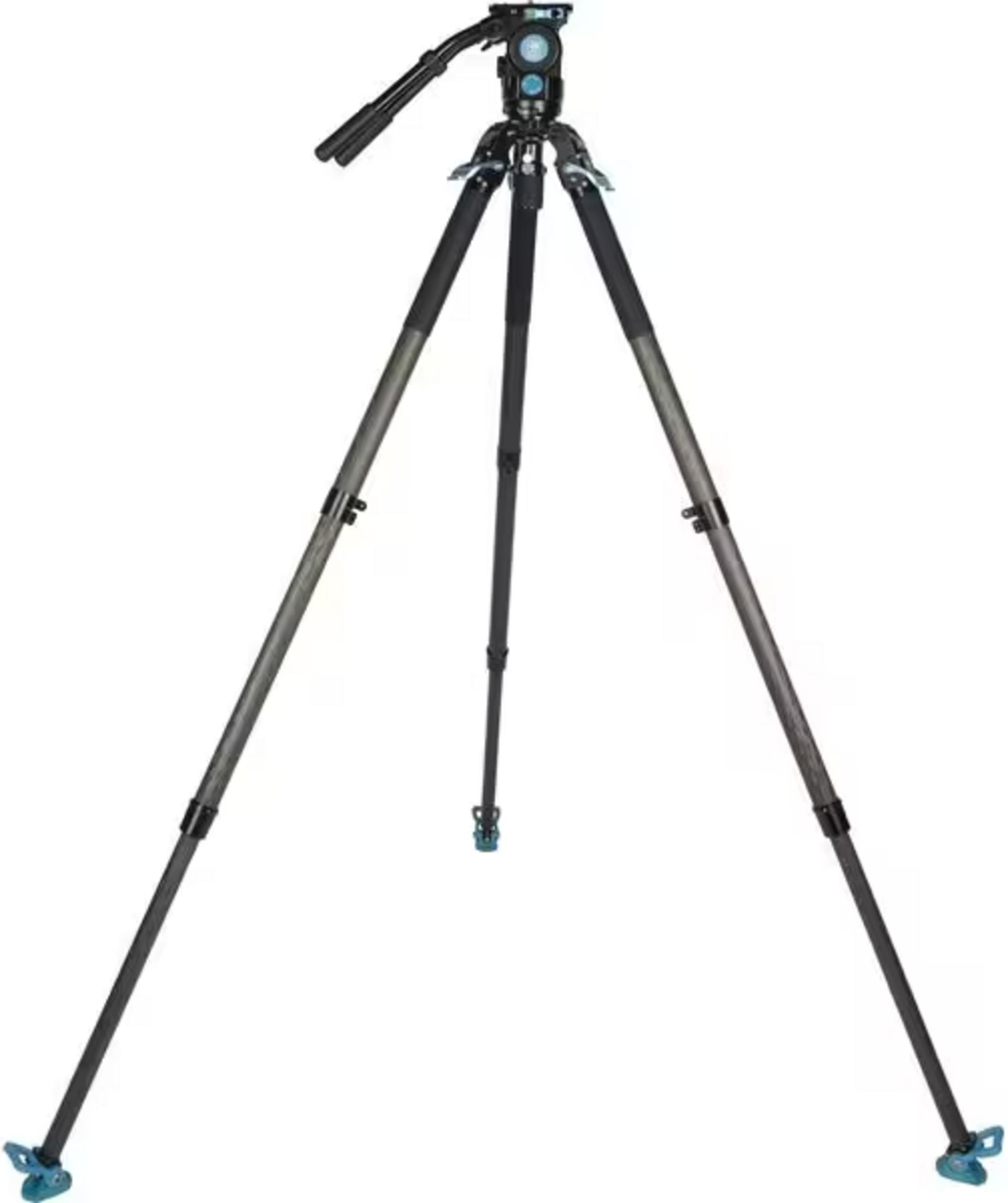 A black tripod with silver accents and blue feet.