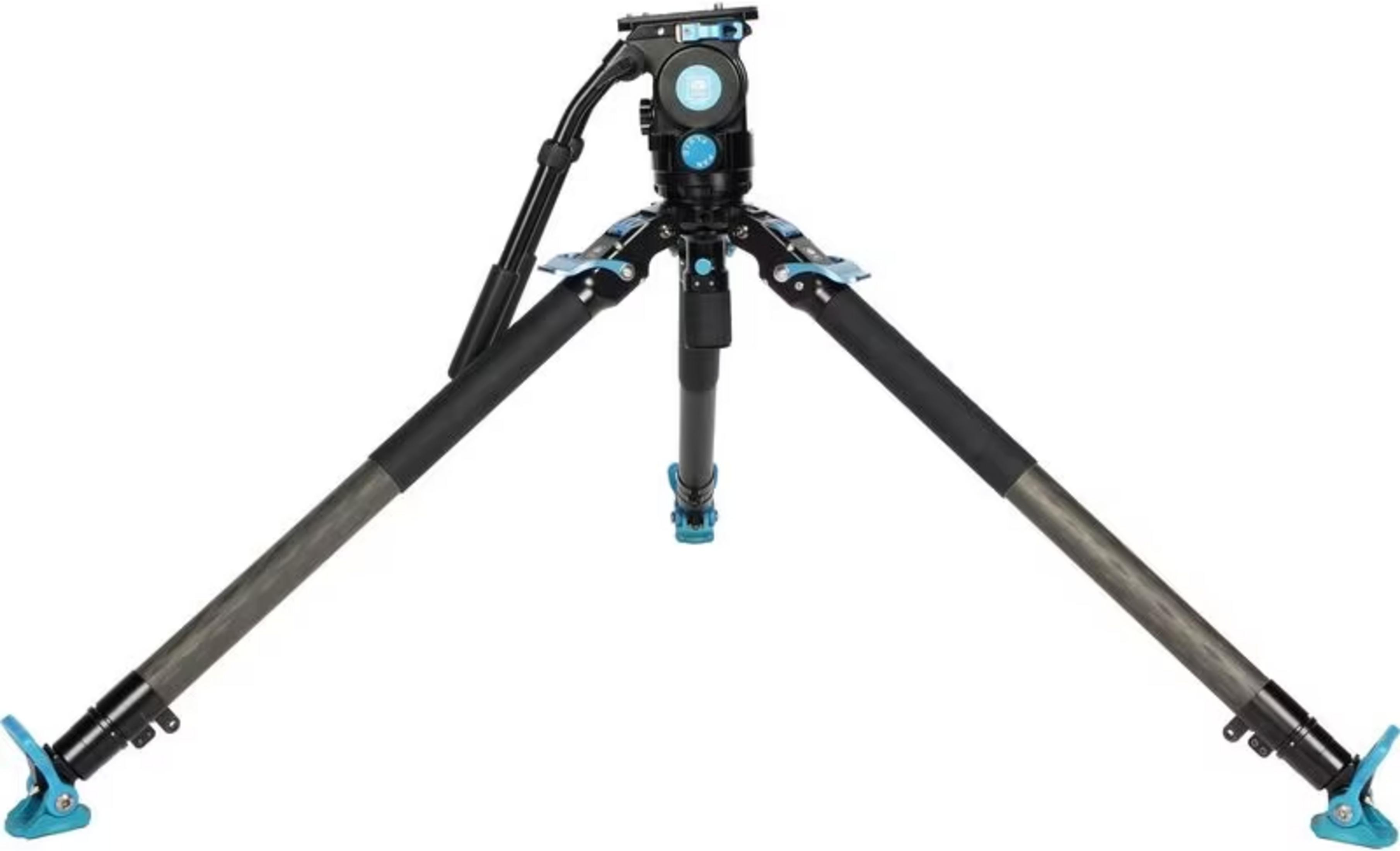 A black tripod head with blue accents and carbon legs.