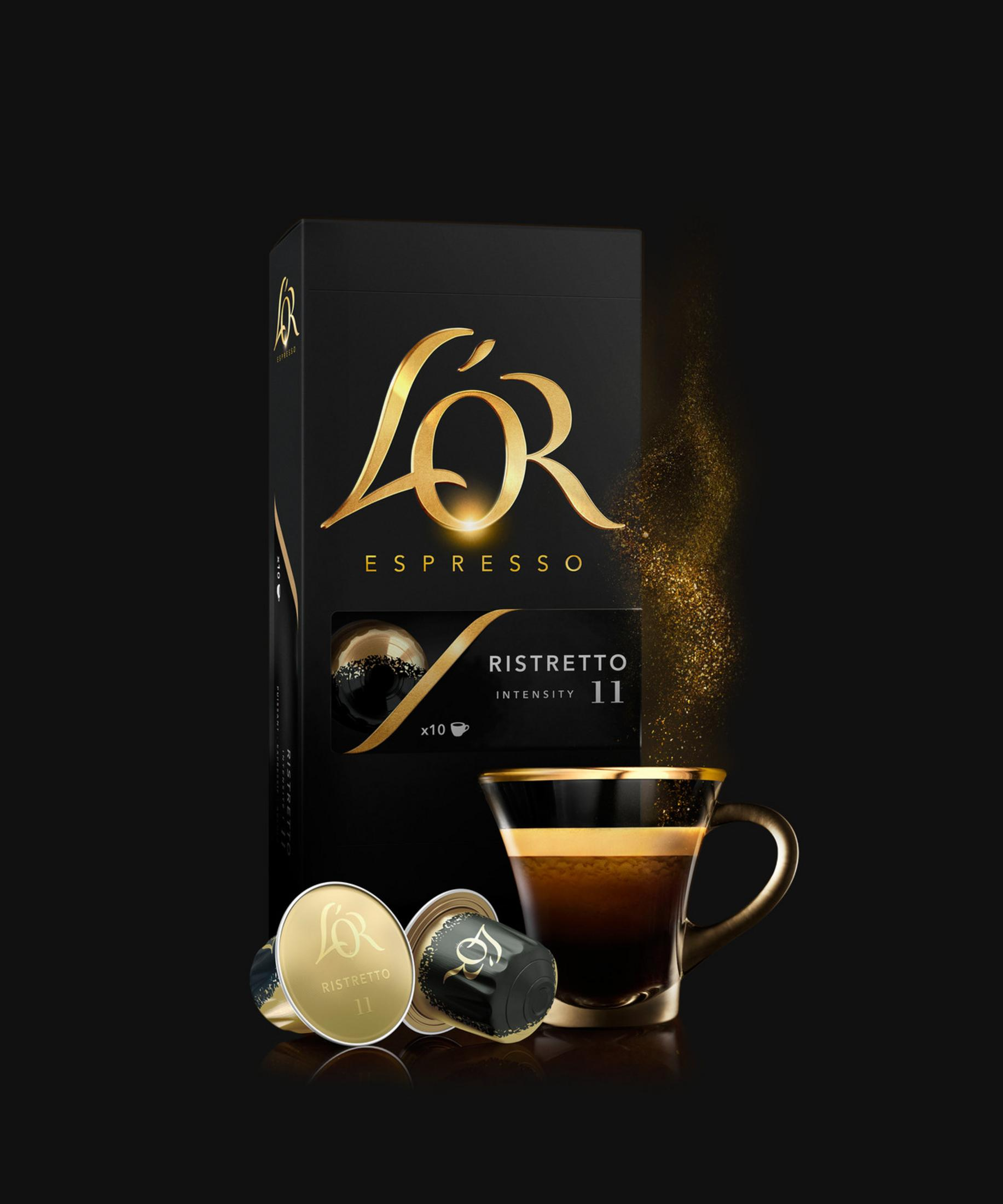 Capsule L'OR Espresso Ristretto intensità 11 con tazza di caffè.
