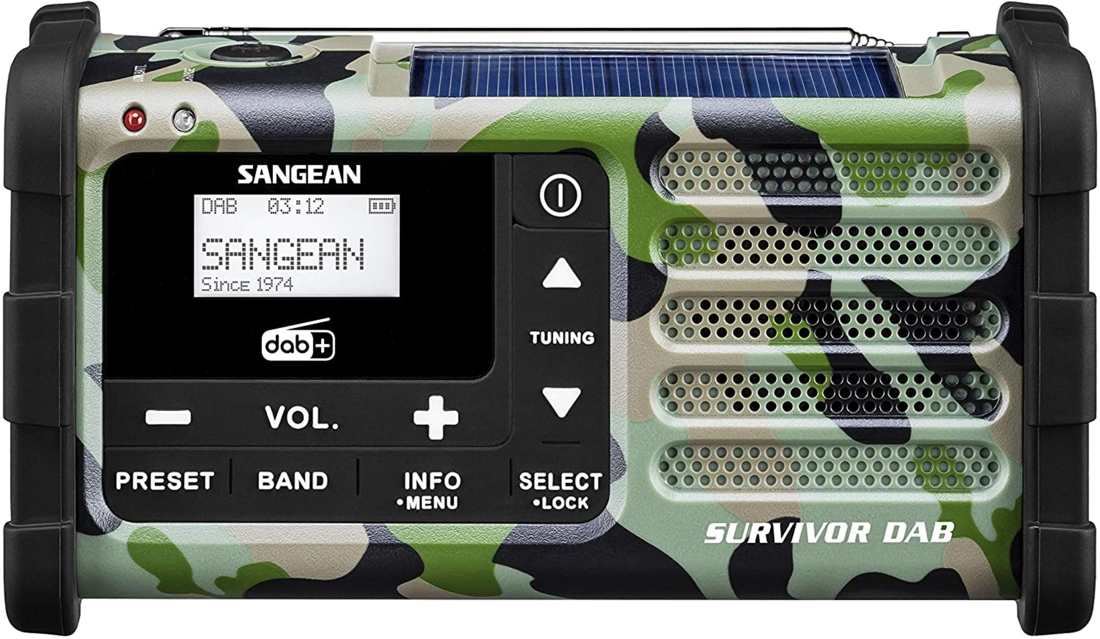 Una radio mimetica con pannello solare e controlli digitali.