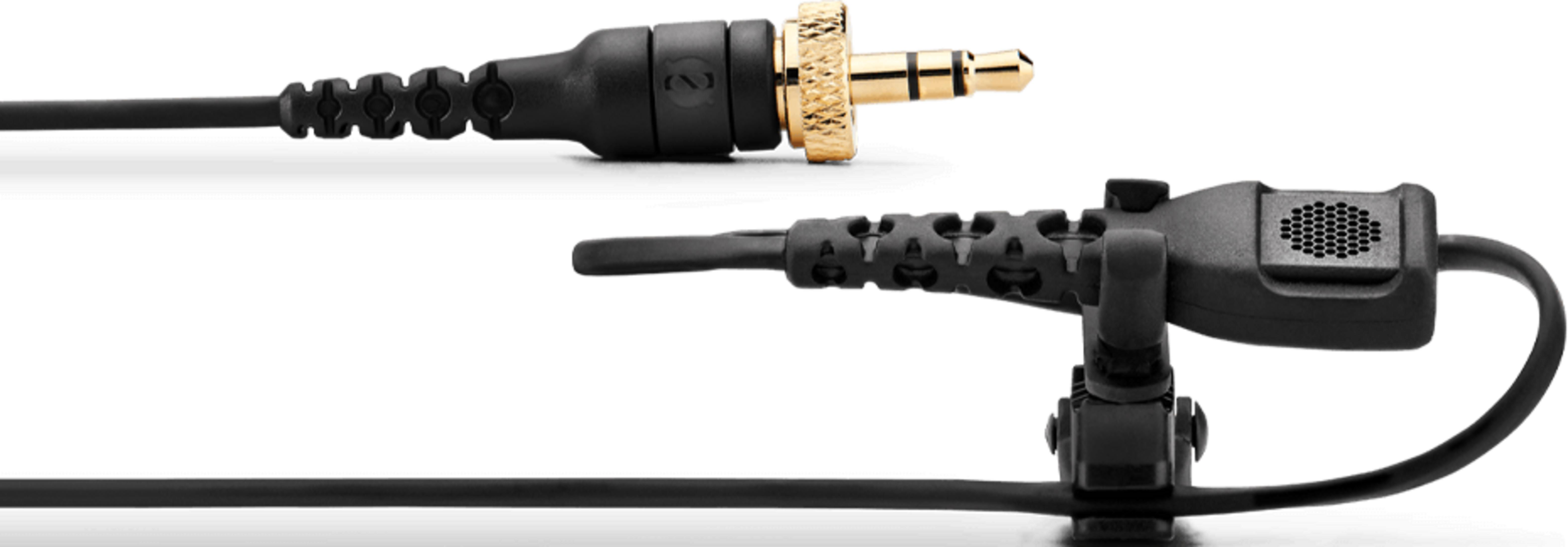 Czarny kabel mikrofonowy ze złotą wtyczką 3,5 mm na górze i klipsem do mikrofonu na dole.