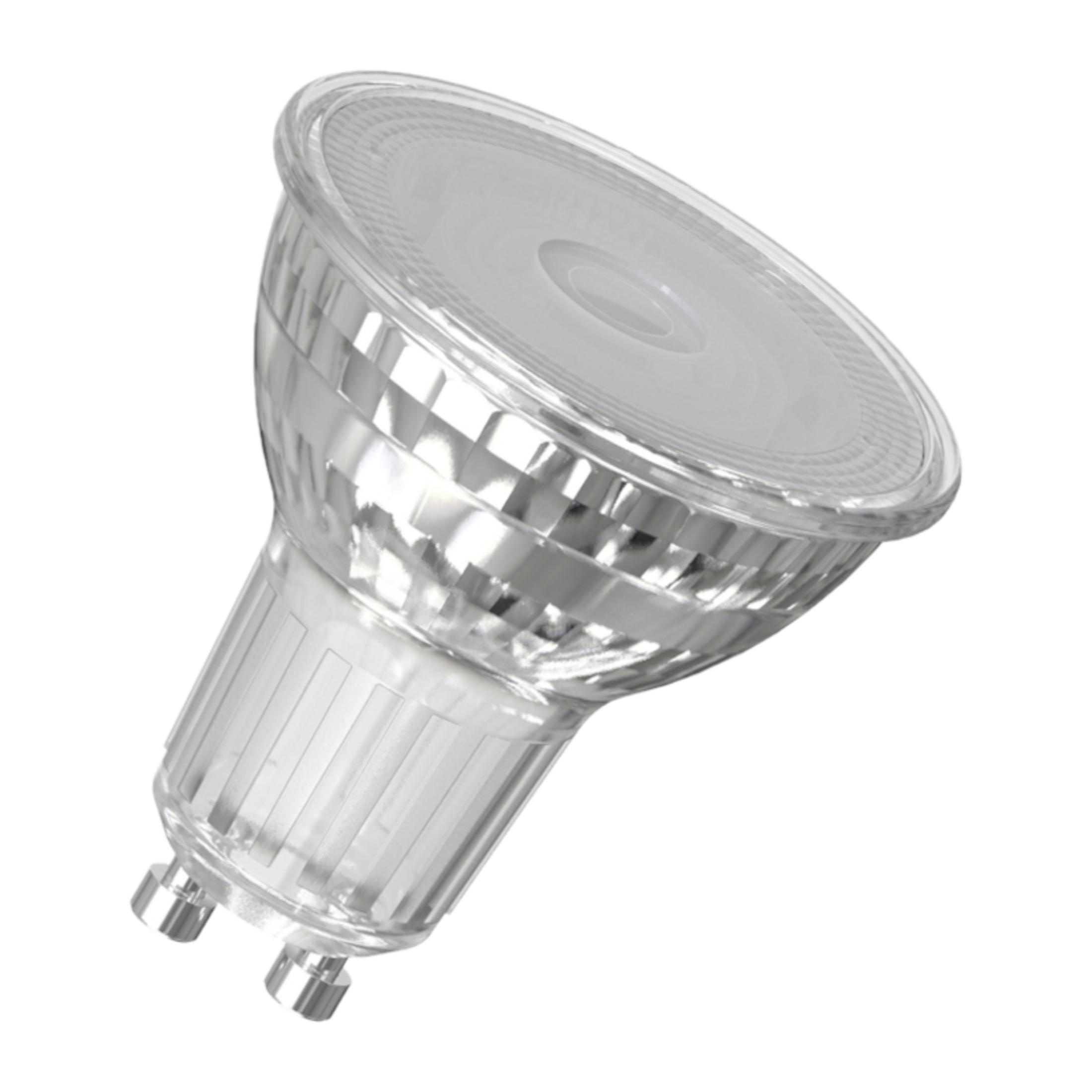 Eine klare LED-Glühbirne mit zwei Pins und einem gerippten Reflektor.