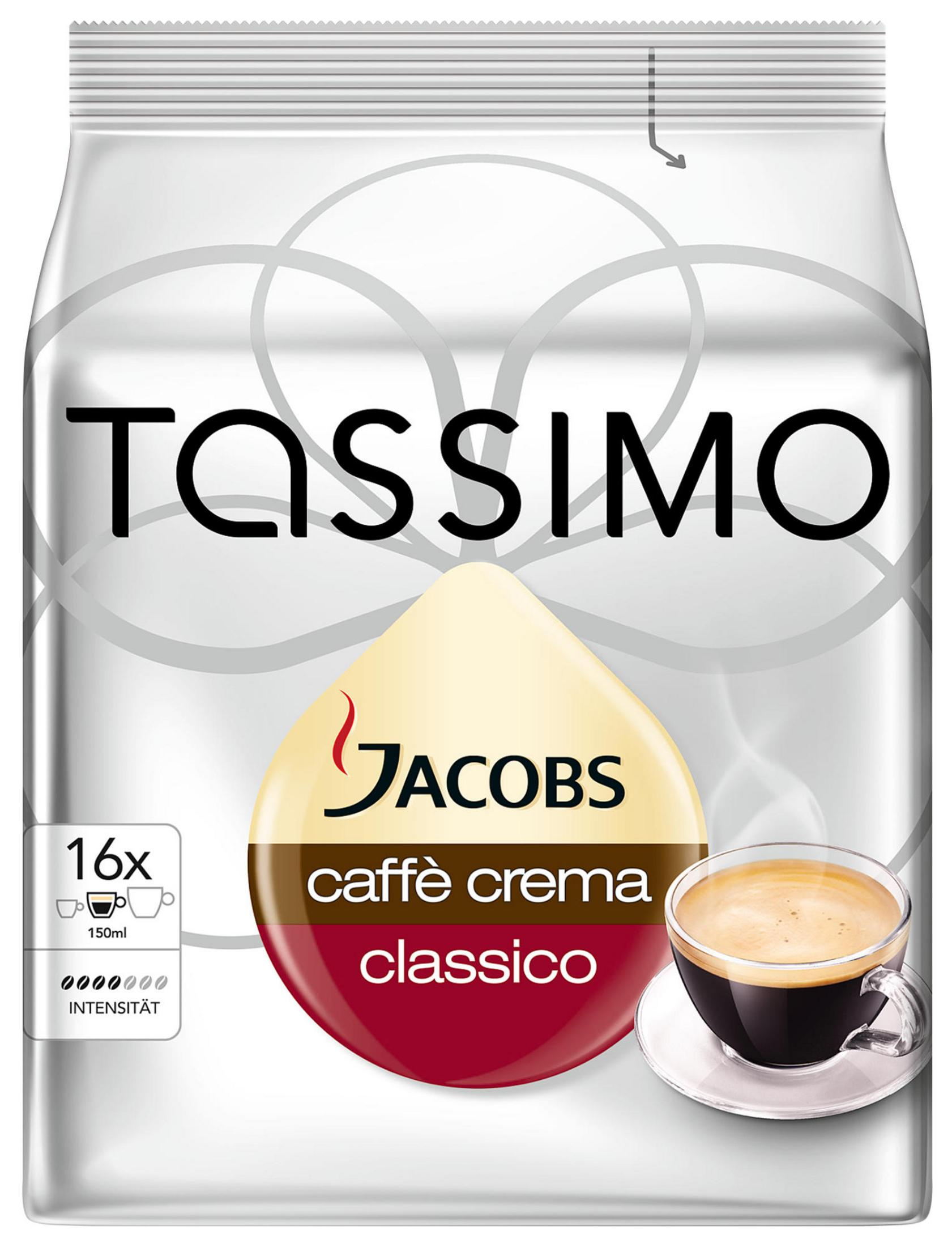 Tassimo Jacobs Caffè Crema Classico Kaffee-Pods mit einer Tasse Kaffee.