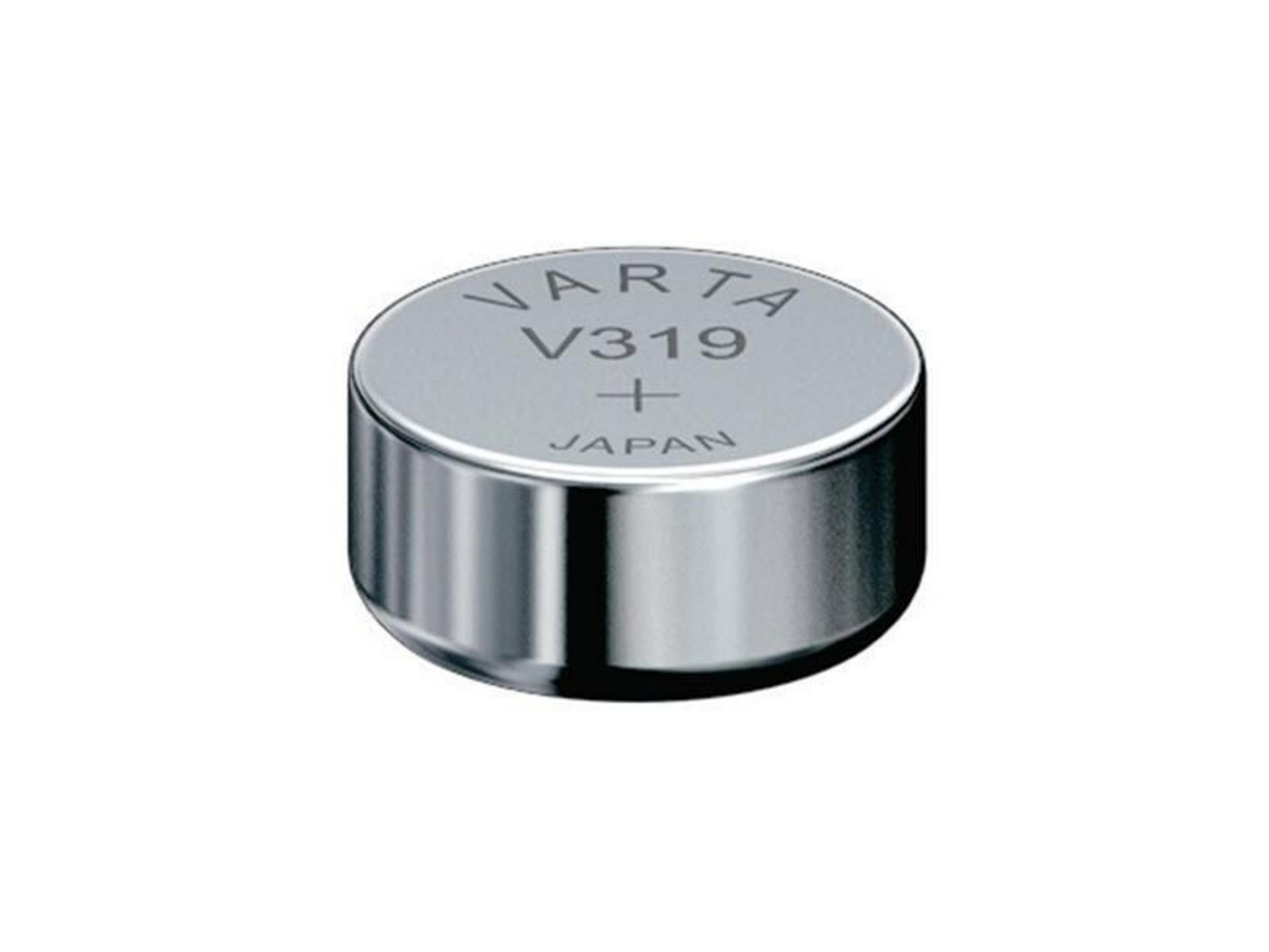Una batteria a bottone Varta V319 con cassa argentata e marchi.