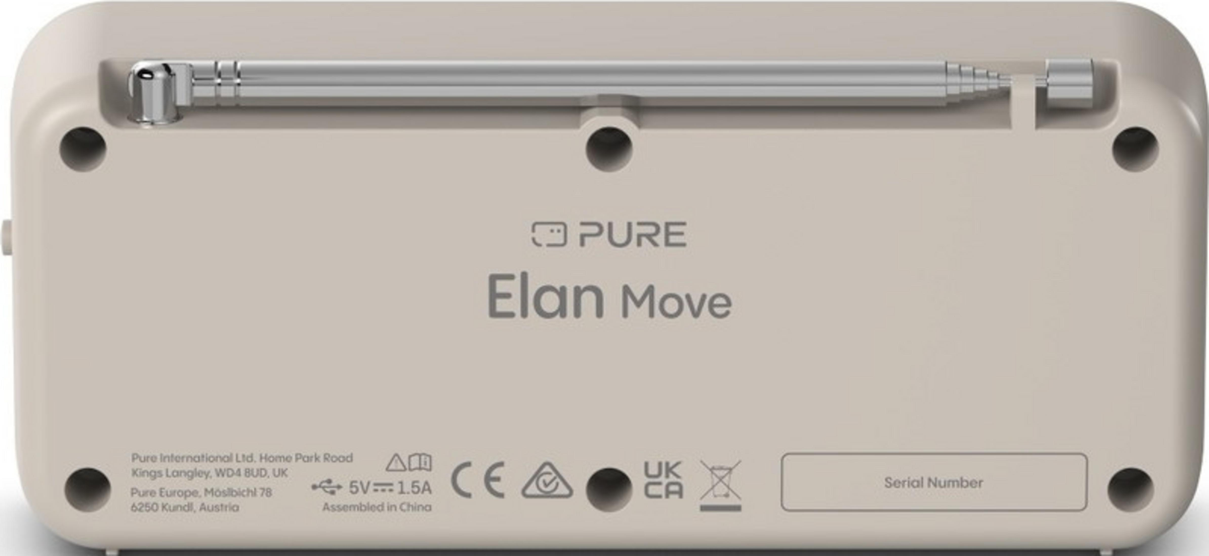 Retro di una radio PURE Elan Move beige con antenna, porte ed etichette.
