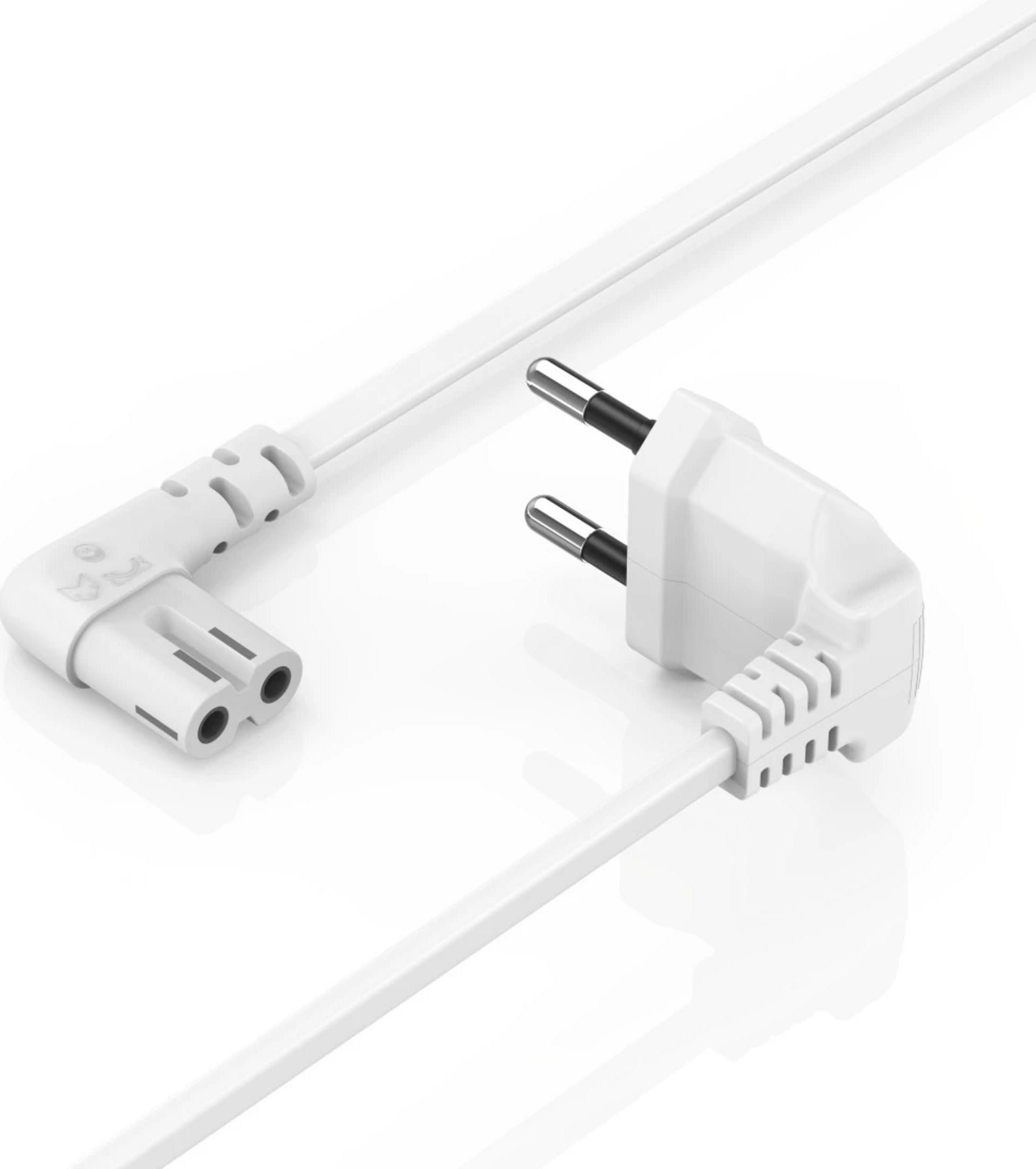 Ein weißes Stromkabel mit einem Eurostecker und einem C8-Anschluss.