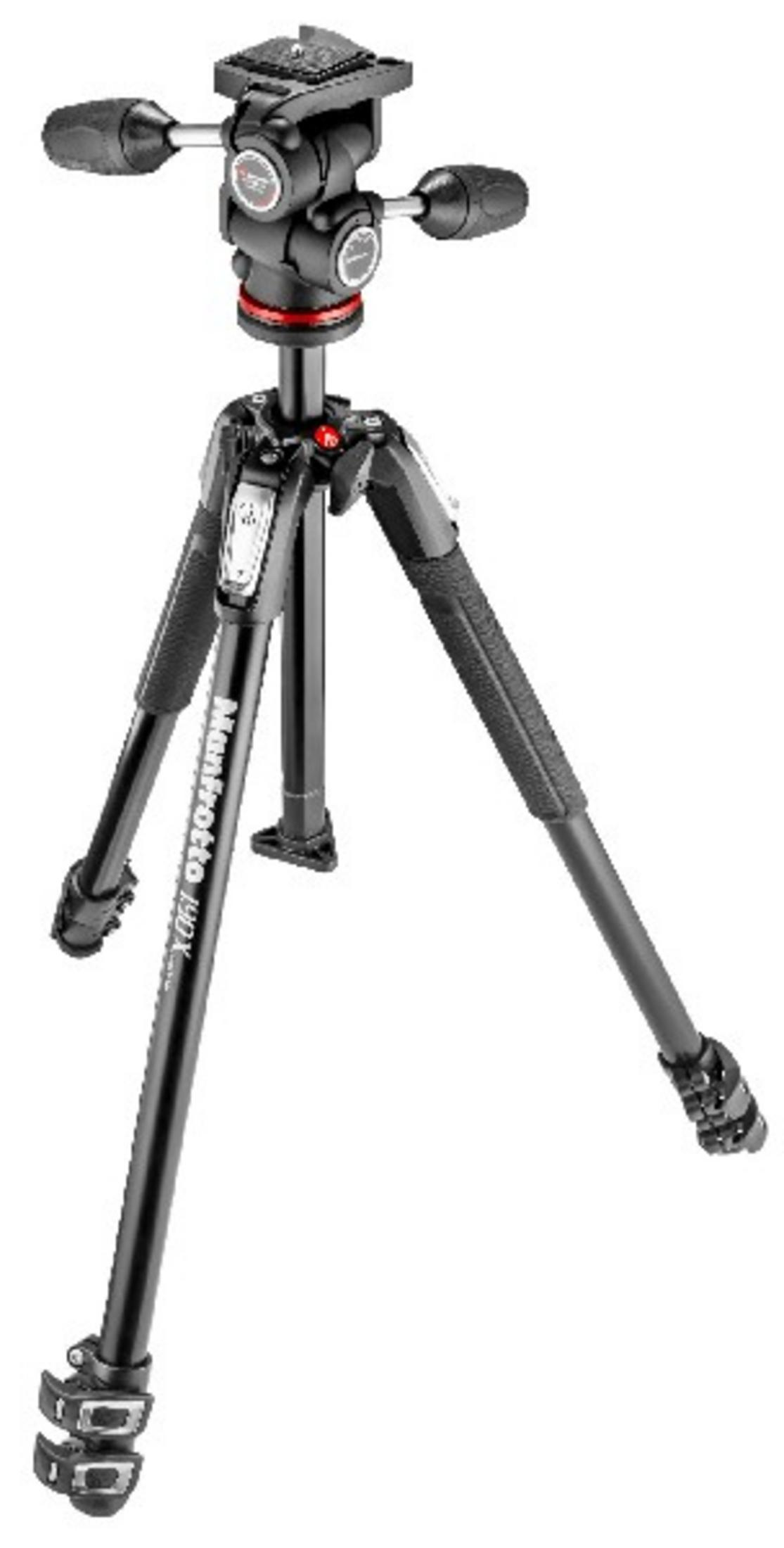 Czarny statyw Manfrotto 190X z głowicą kulową i czerwonymi akcentami.