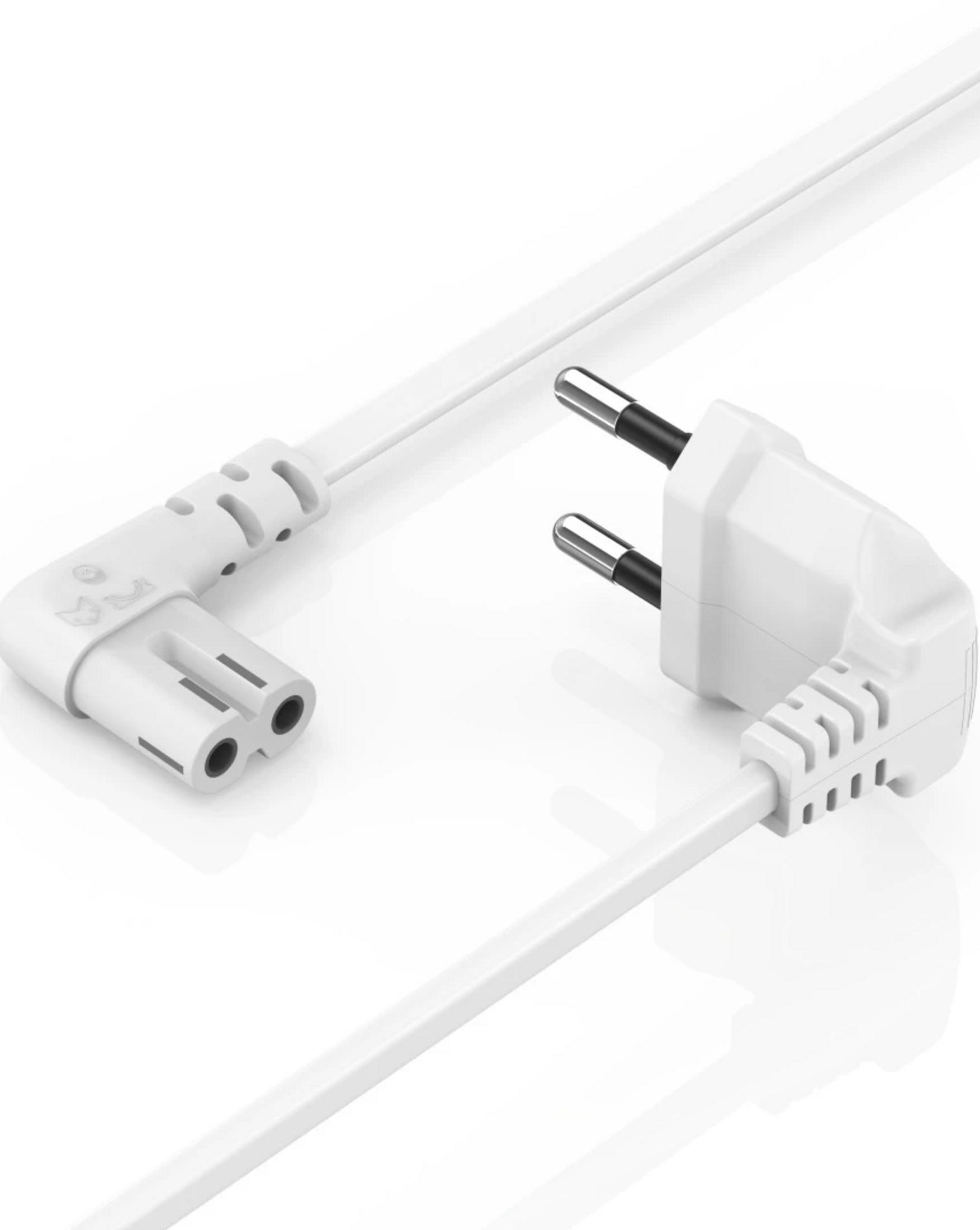 Biały kabel zasilający z dwoma typami wtyczek: wtyczką C5 pod kątem prostym i wtyczką europejską.