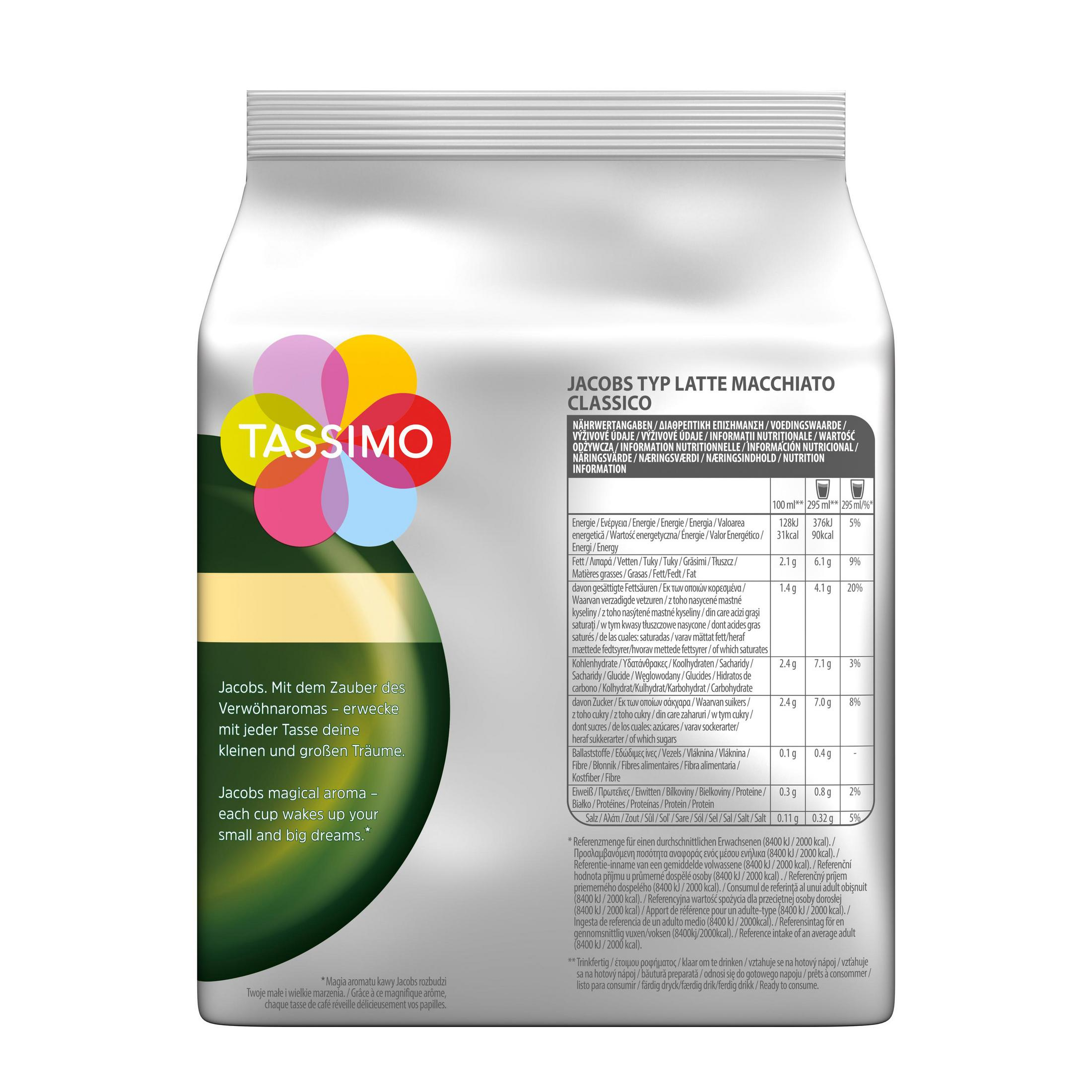 Confezione Jacobs Typ Latte Macchiato Classico con informazioni nutrizionali e logo TASSIMO.