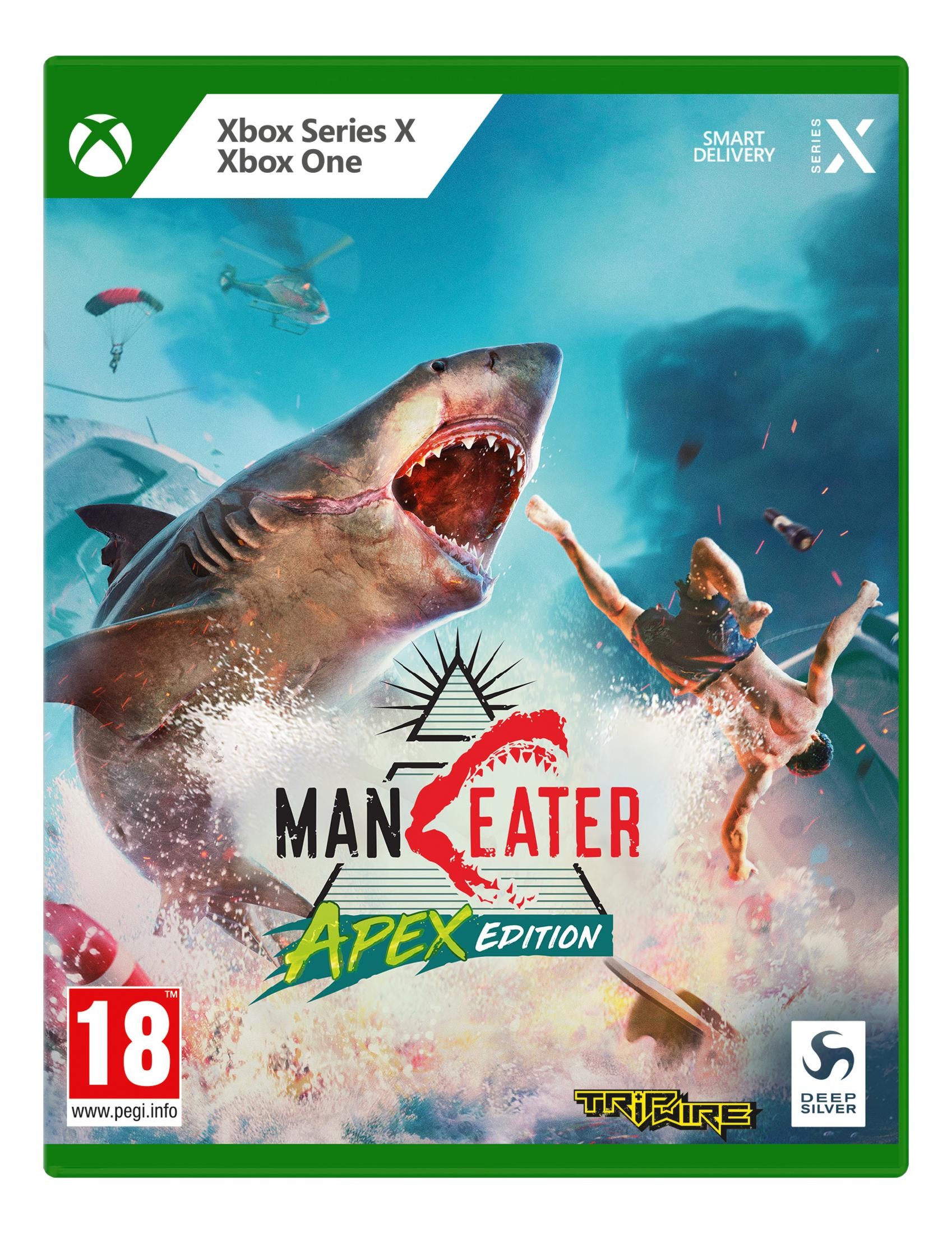 Uno squalo attacca un uomo che salta dall'acqua. Copertina gioco Xbox.