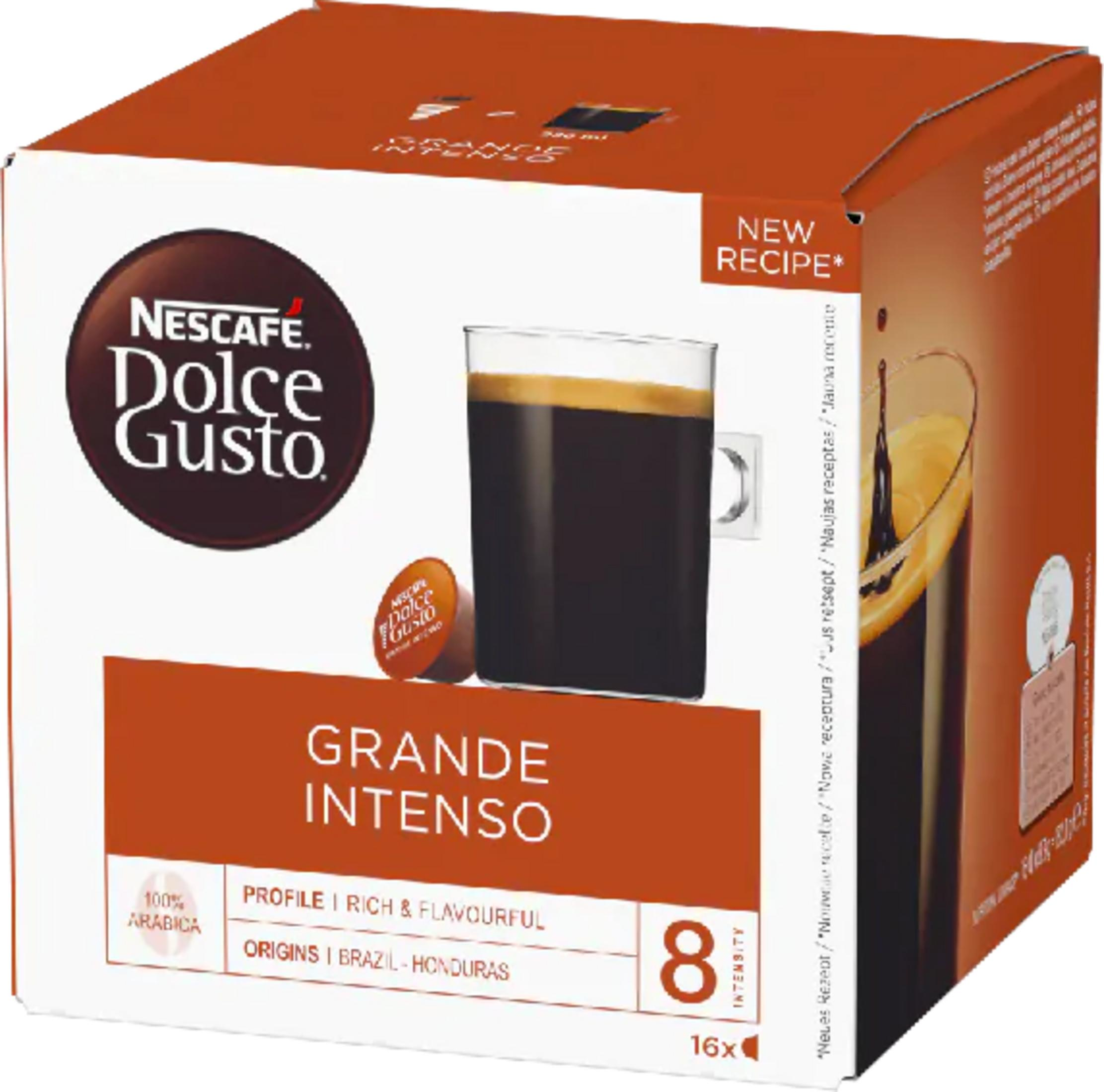 Scatola Nescafé Dolce Gusto Grande Intenso con capsula e caffè in bicchiere.