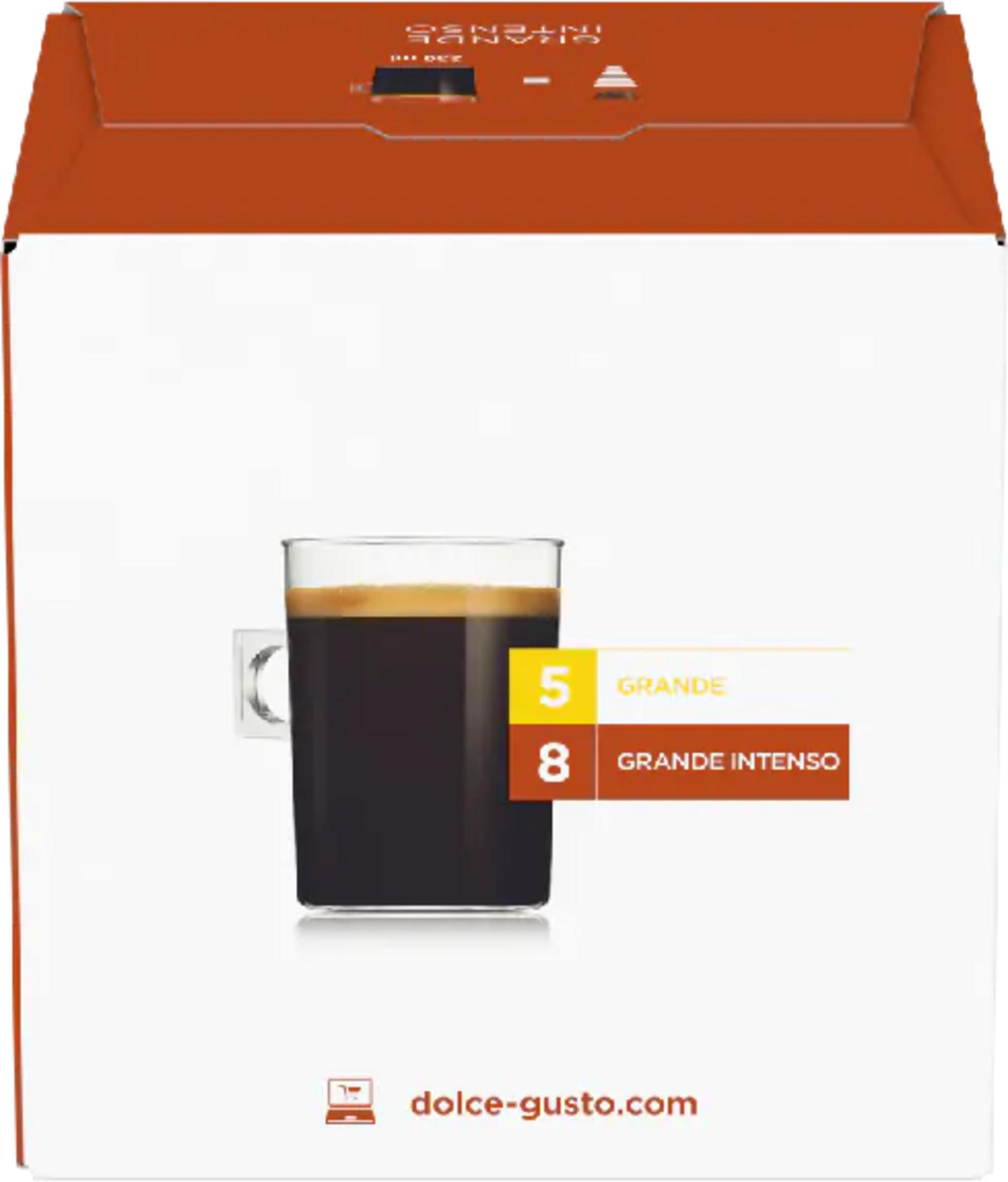Un bicchiere di caffè con schiuma, accanto "GRANDE" e "GRANDE INTENSO".