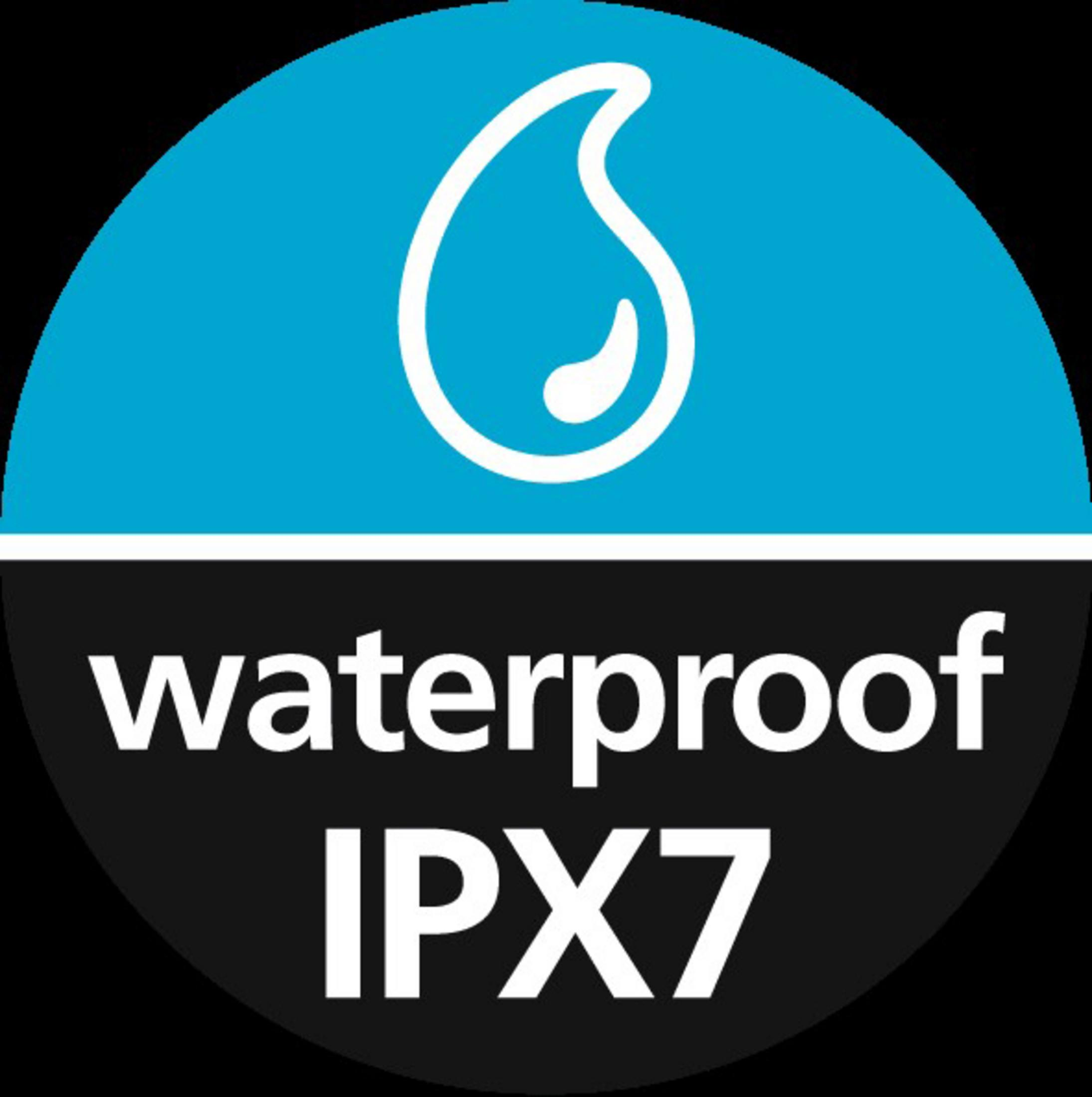 Wasserfest IPX7-Symbol mit Tropfen und Text.