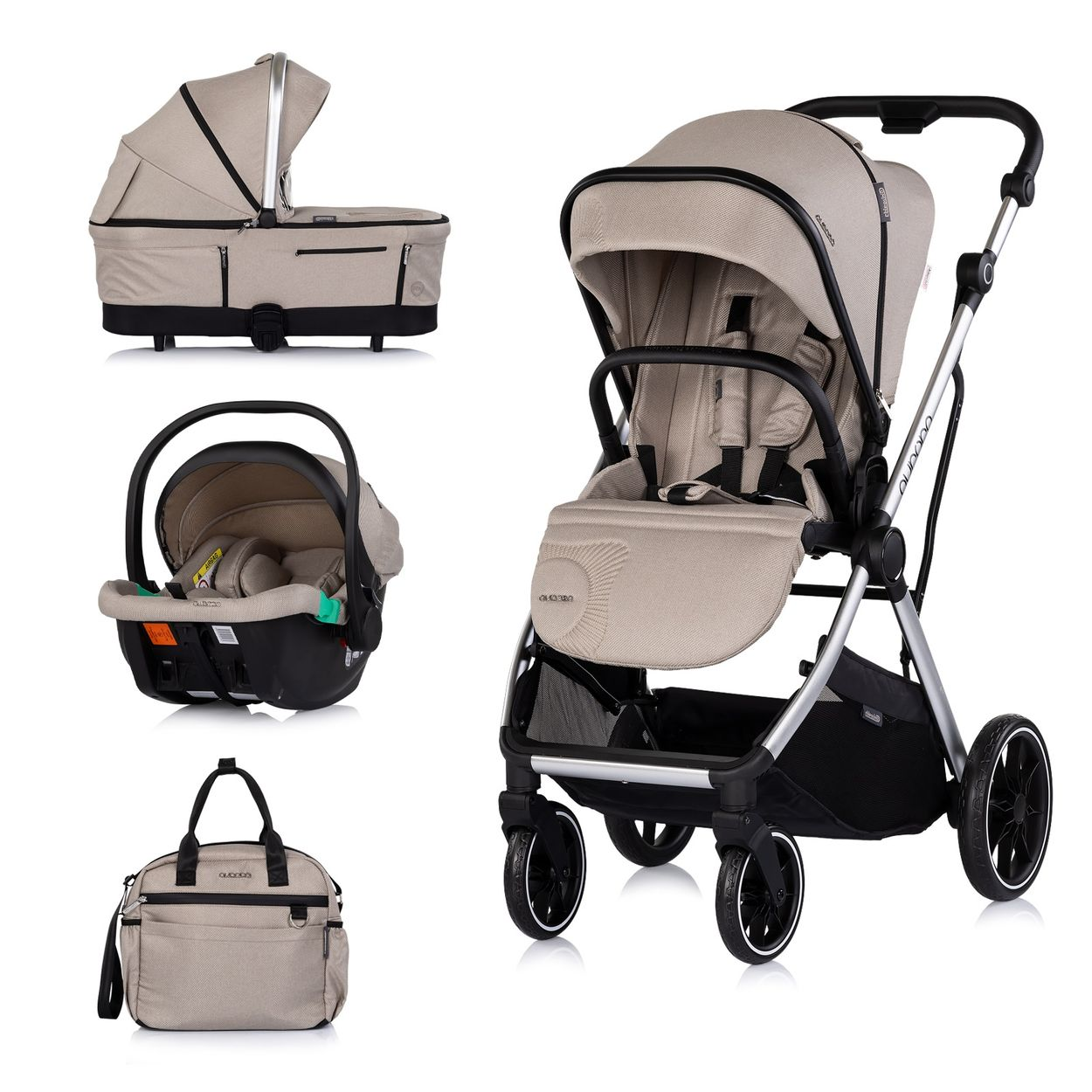 Beiger Kinderwagen mit Tragetasche, Autositz und Wickeltasche auf Weiß.