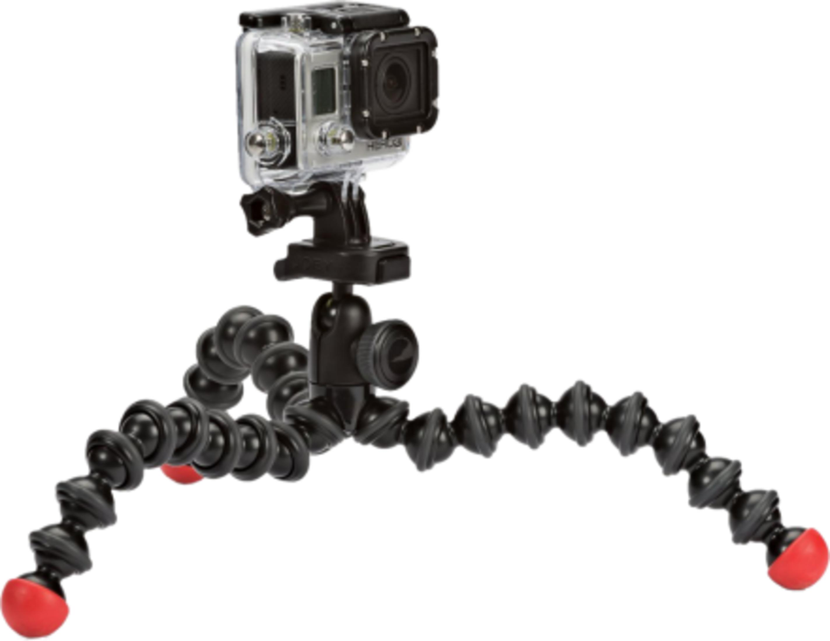 Una cámara de acción en carcasa impermeable, montada en un trípode flexible Gorillapod con pies rojos.