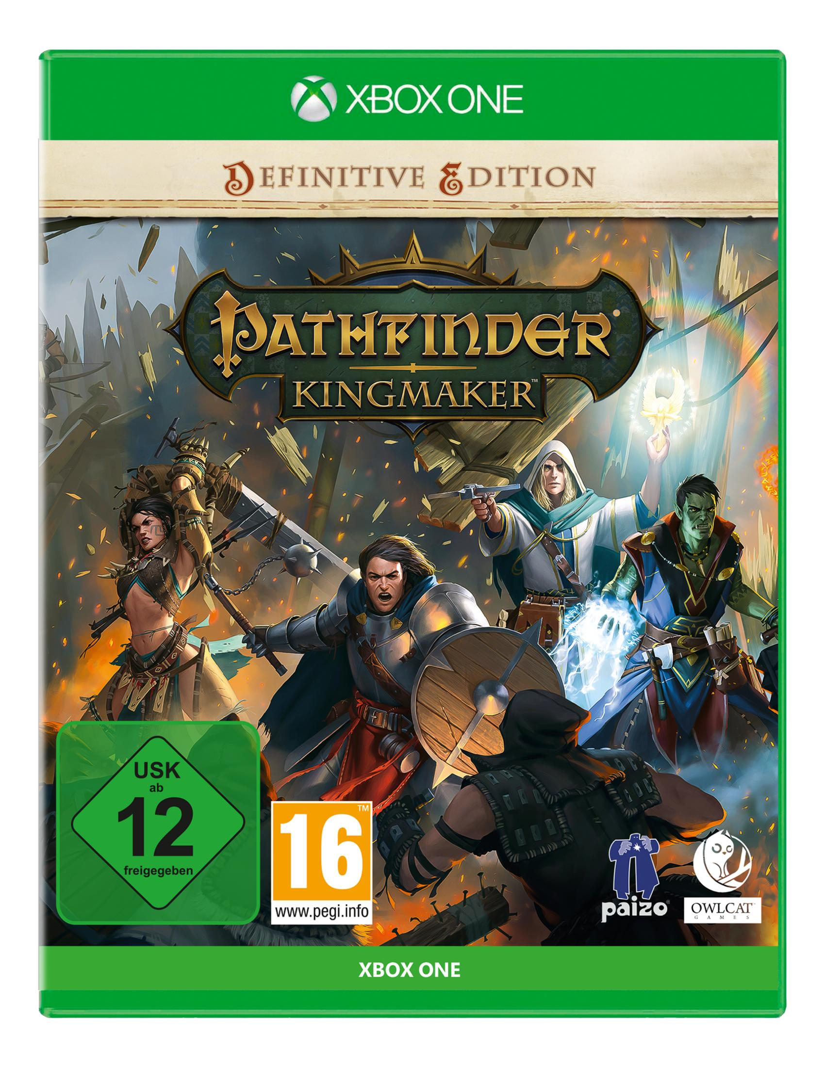 Copertina di Pathfinder Kingmaker Definitive Edition per Xbox One con personaggi.