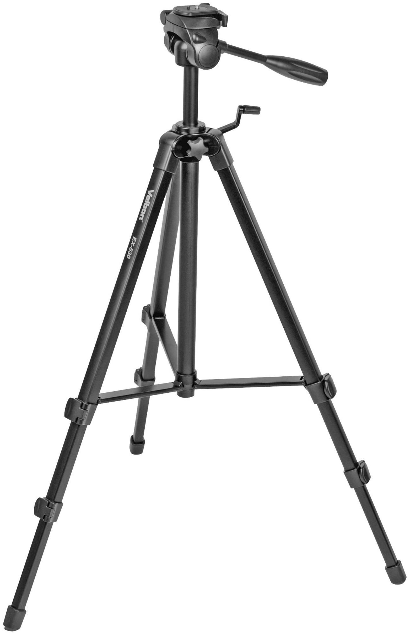 A black Velbon EX-530 camera tripod with three legs and an adjustable head.