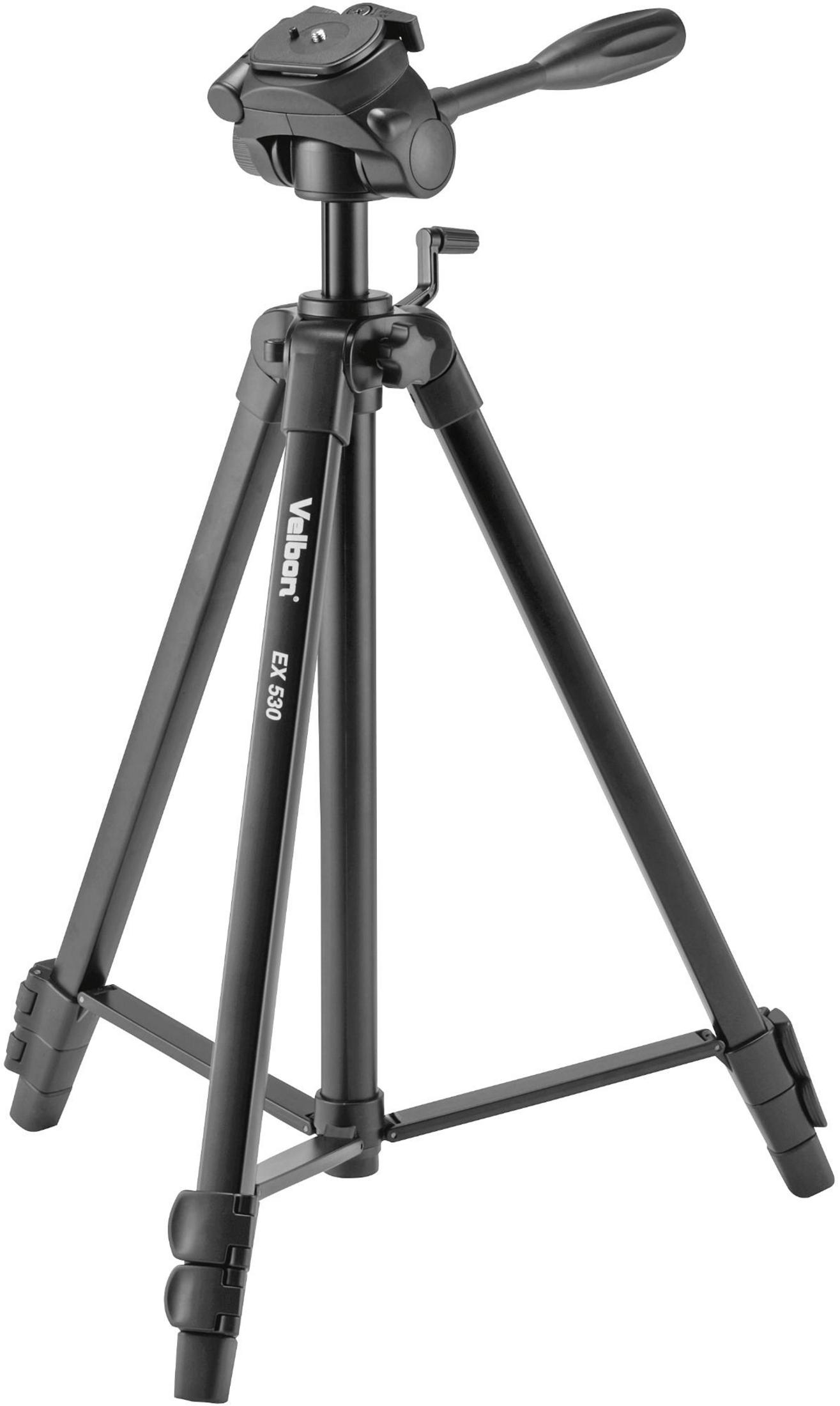 A black Velbon EX 530 camera tripod with three legs and a handle.