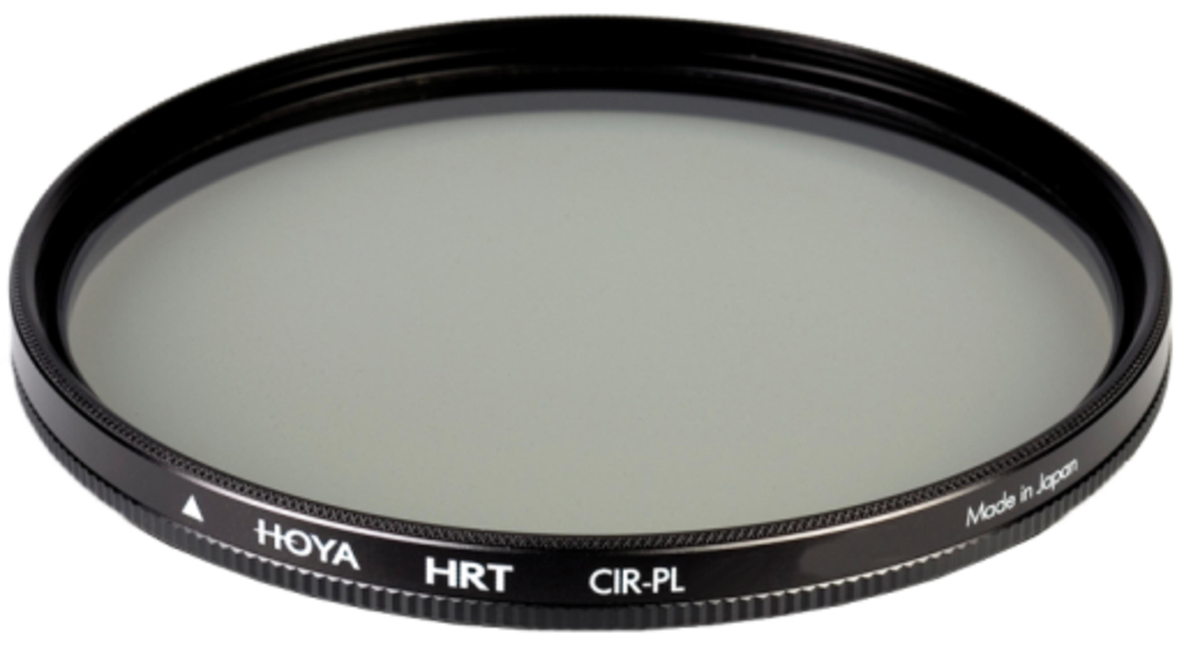 Grauer Hoya HRT CIR-PL Objektivfilter mit schwarzem Rahmen, hergestellt in Japan.
