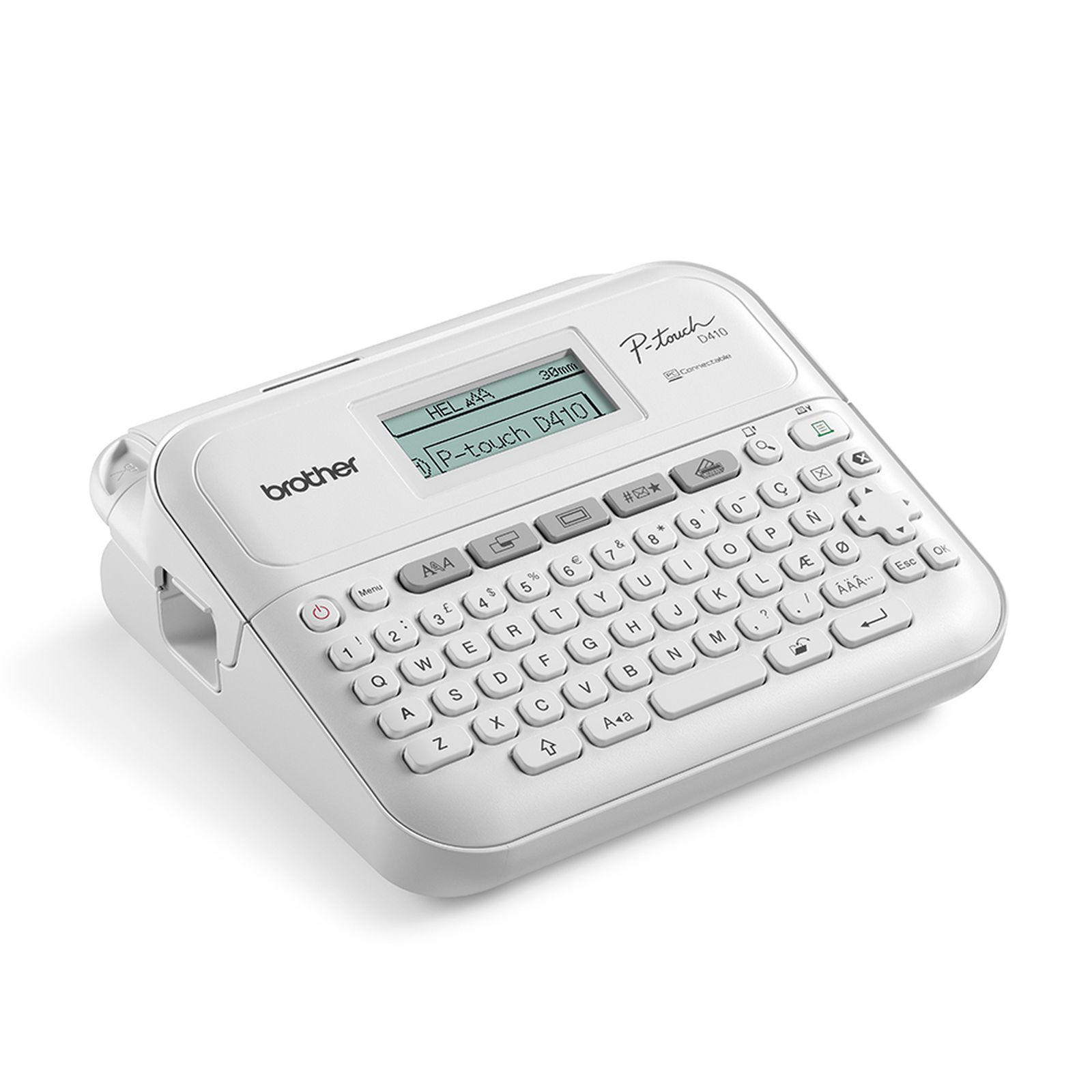 Ein weißes Beschriftungsgerät von Brother mit Tastatur und Bildschirm.