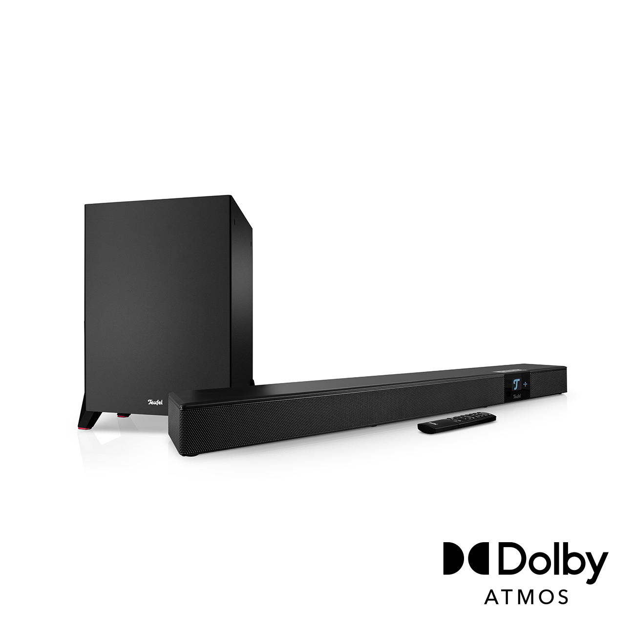 Schwarzer Subwoofer, Soundbar und Fernbedienung auf weißem Grund.