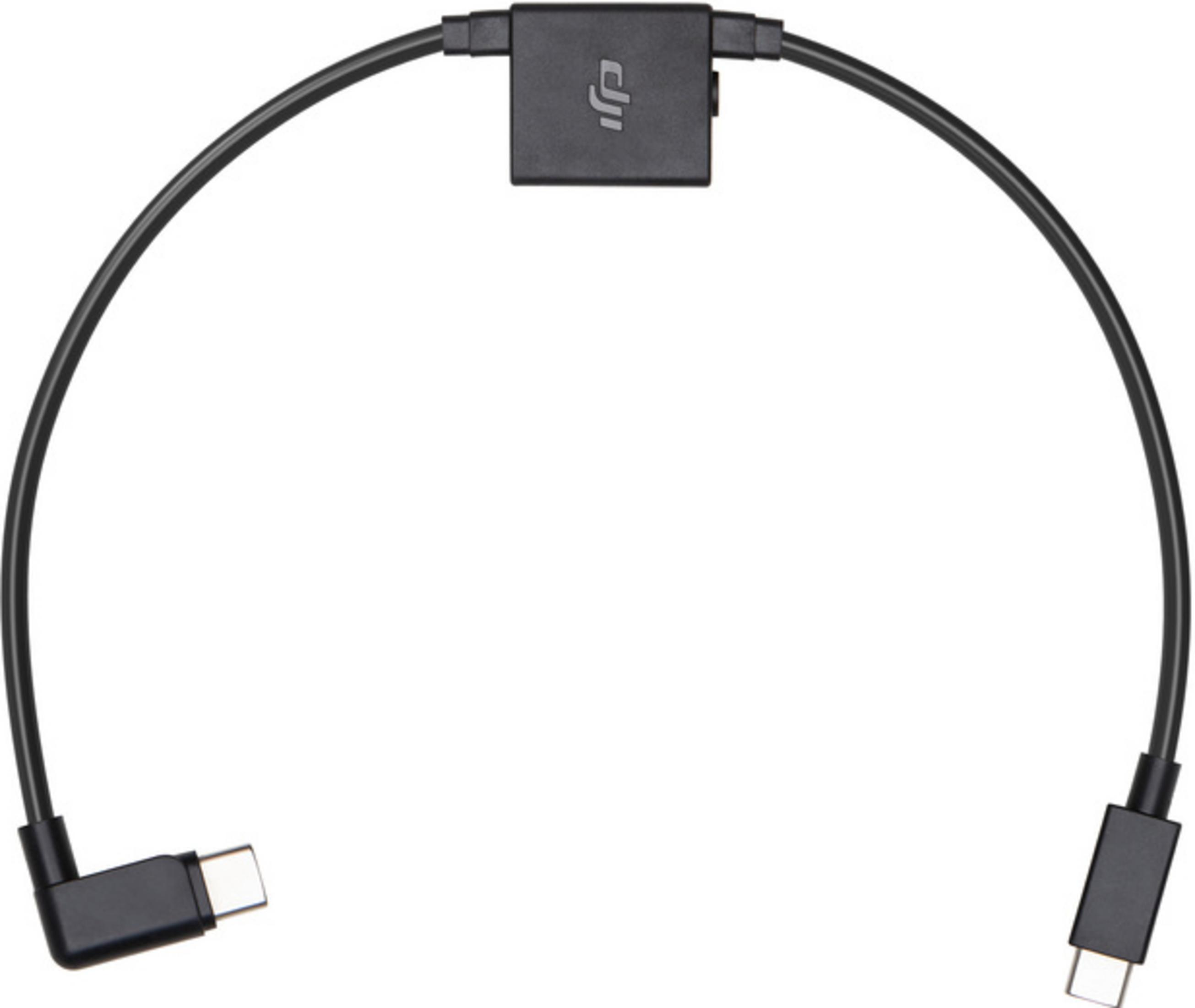 Un cable negro DJI con dos conectores USB-C y un módulo central.