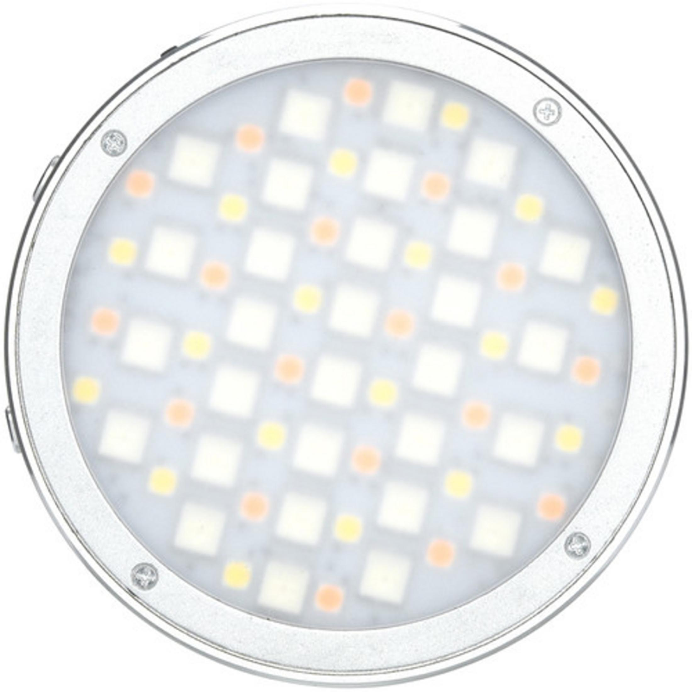 Runde LED-Lampe mit silbernem Rahmen und sichtbaren LEDs in Weiß, Gelb und Orange.