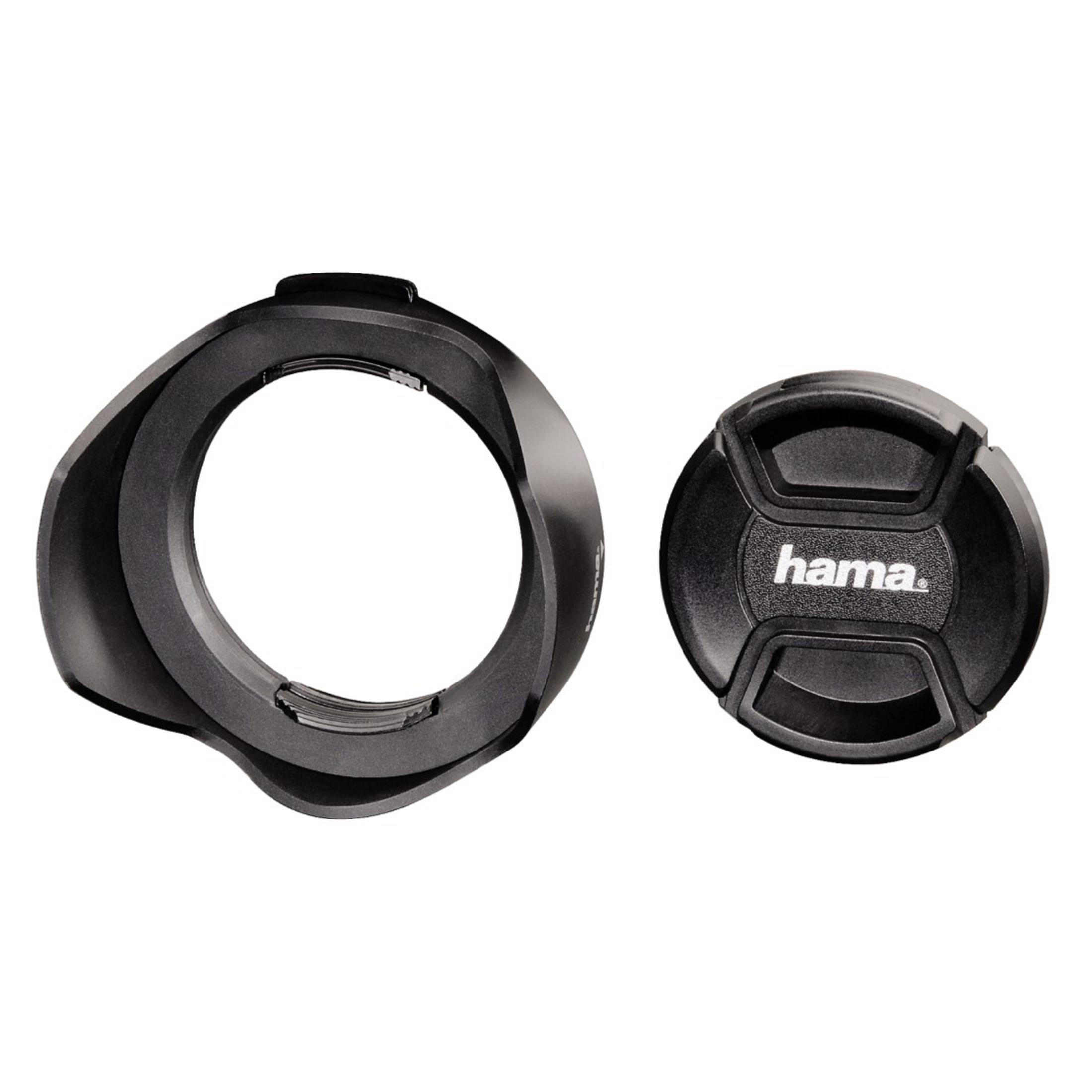 Ein schwarzer Objektivdeckel mit „hama.“ und ein schwarzer Objektivvorsatz.