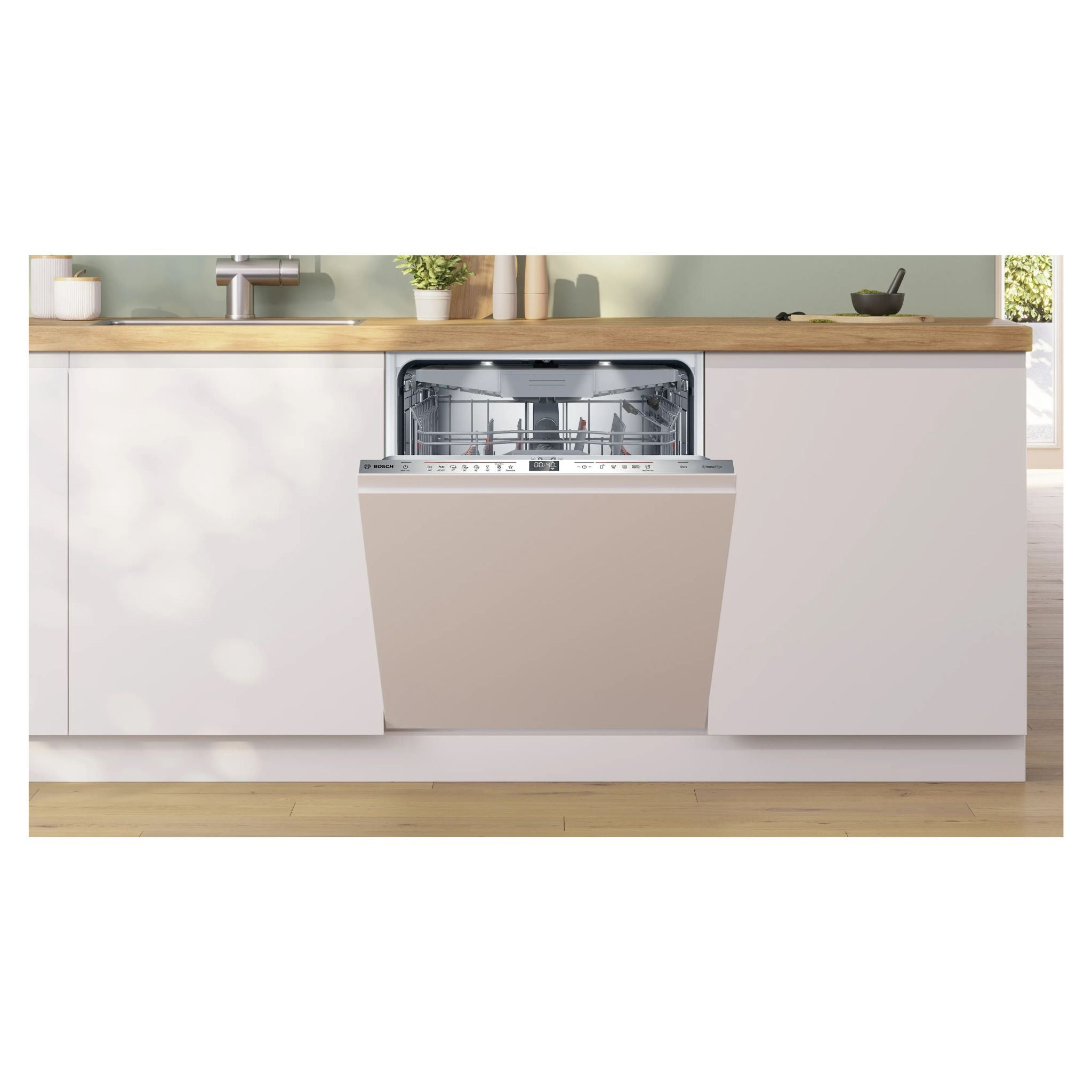 Lavastoviglie da incasso con porta aperta in cucina moderna.