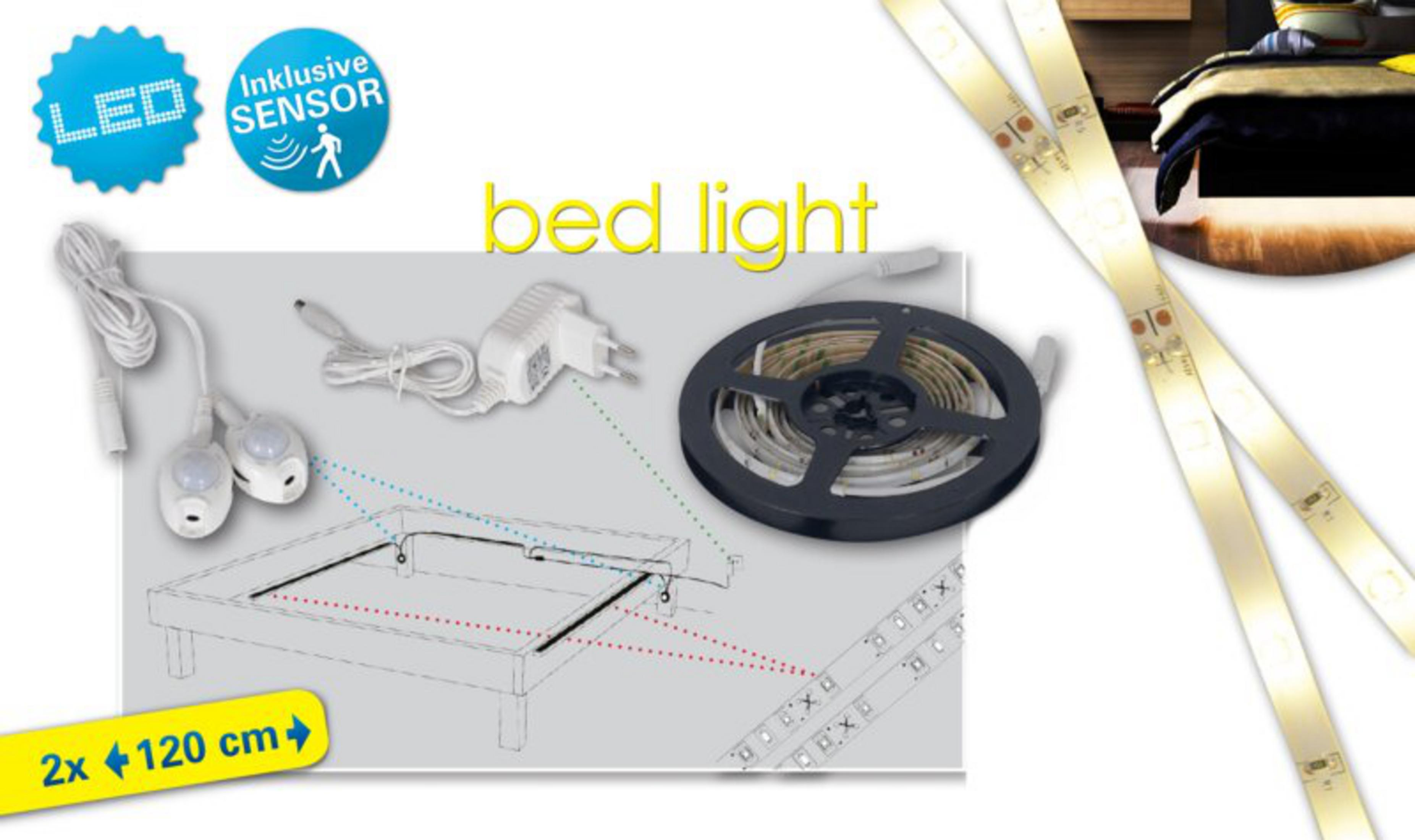 LED-Bettlicht-Set mit Sensoren, Netzteil, Spule und zwei 120-cm-Streifen.