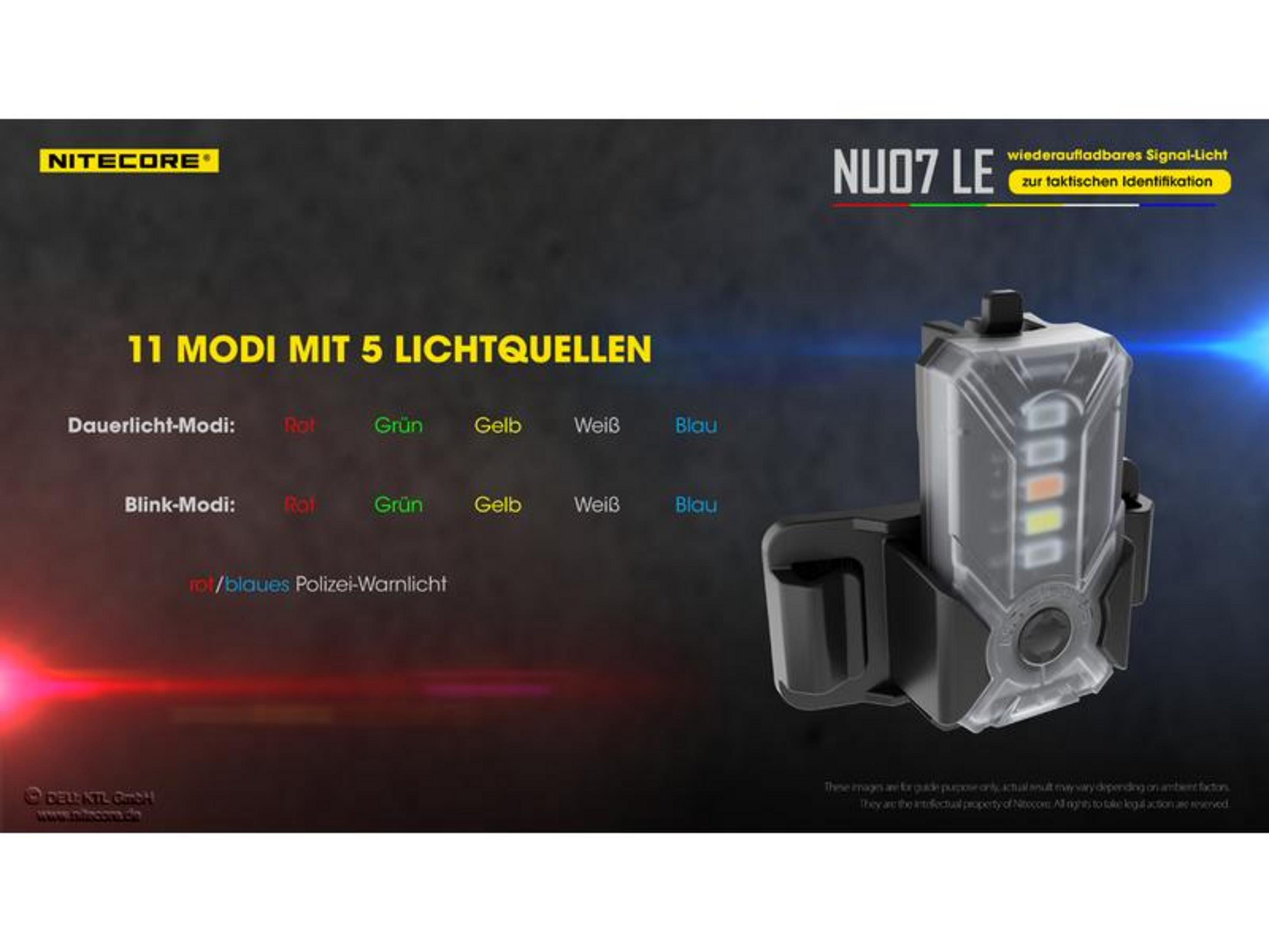 Nitecore NU07 LE Signal-Licht mit 5 LEDs in Rot, Grün, Gelb, Weiß und Blau.