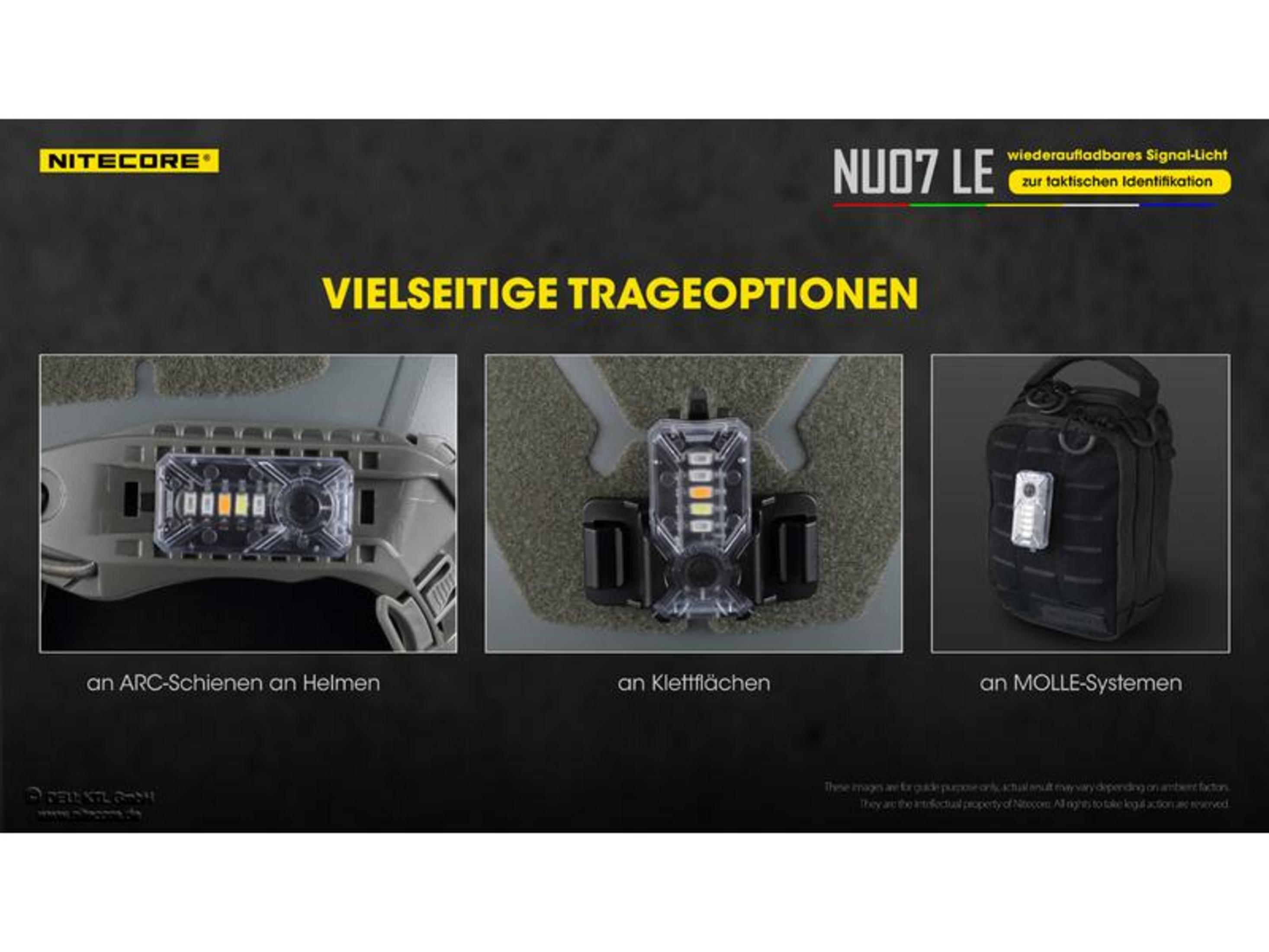 Nitecore NU07 LE: Montagemöglichkeiten an Helmen, Klettflächen, MOLLE.
