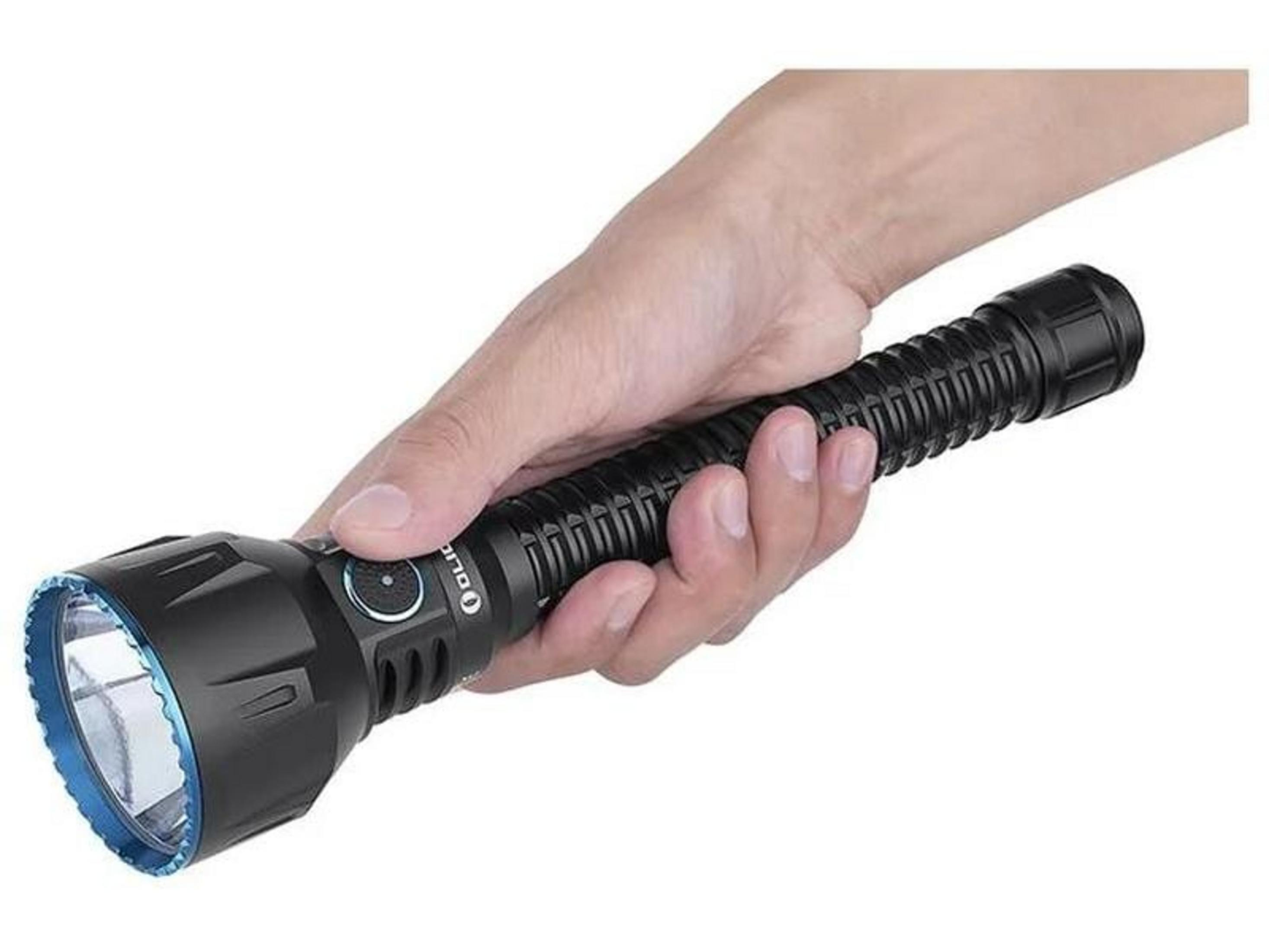Eine Hand hält eine schwarze Taschenlampe mit blauem Rand.