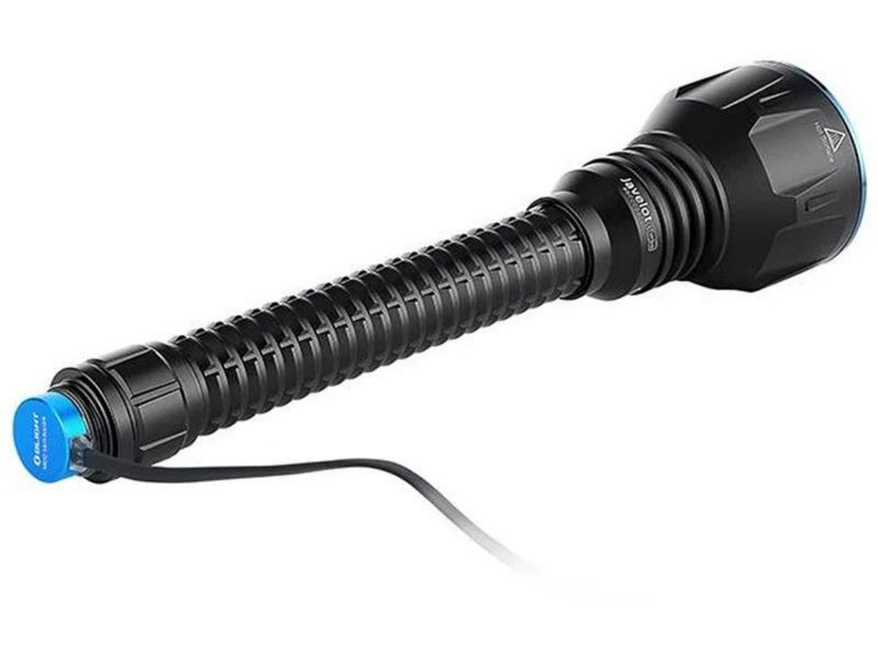 Schwarze Taschenlampe mit geriffeltem Griff und blauem Ladeanschluss.