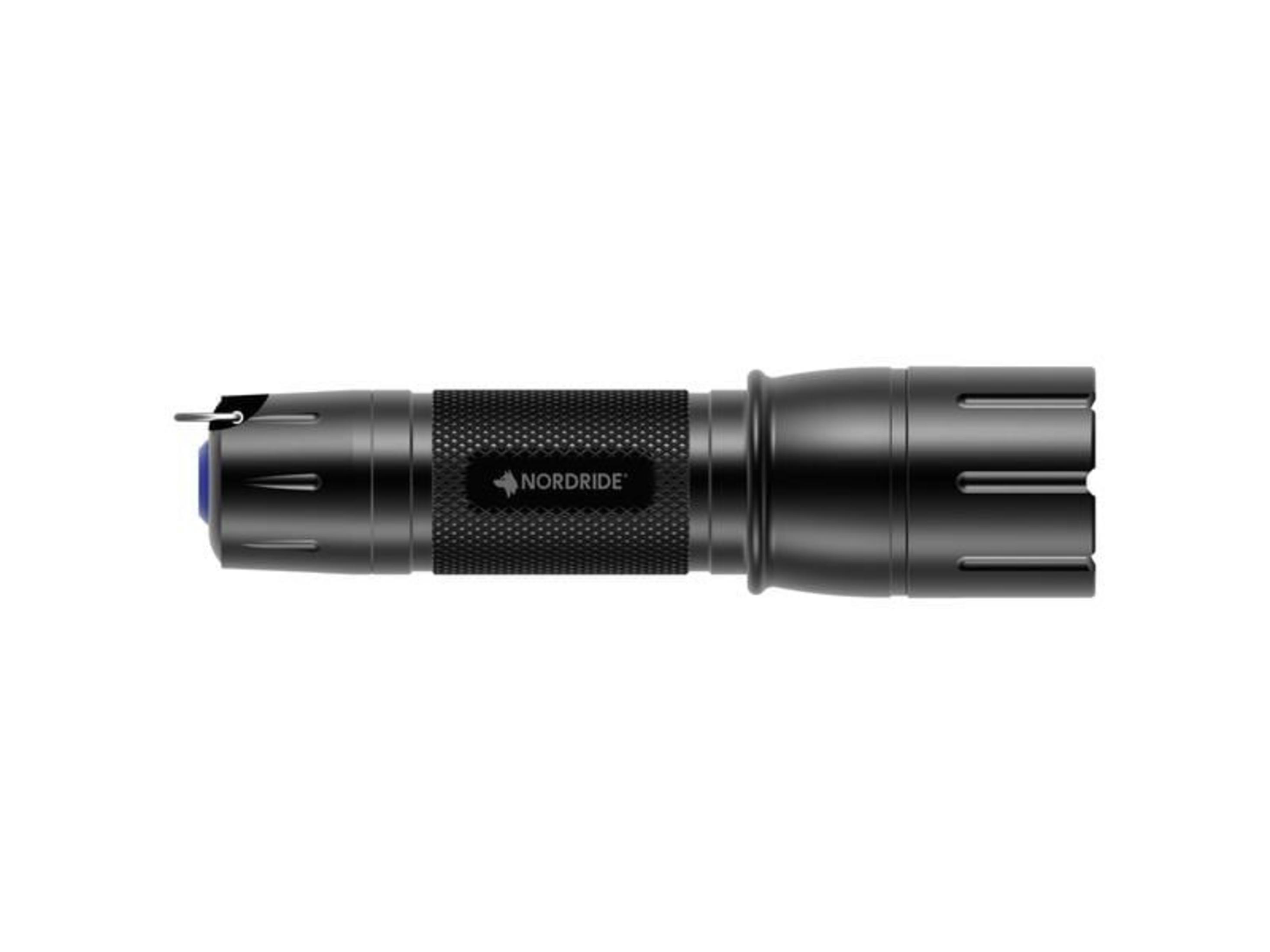 Lampe de poche noire avec logo NORDDRIDE et bouton bleu.