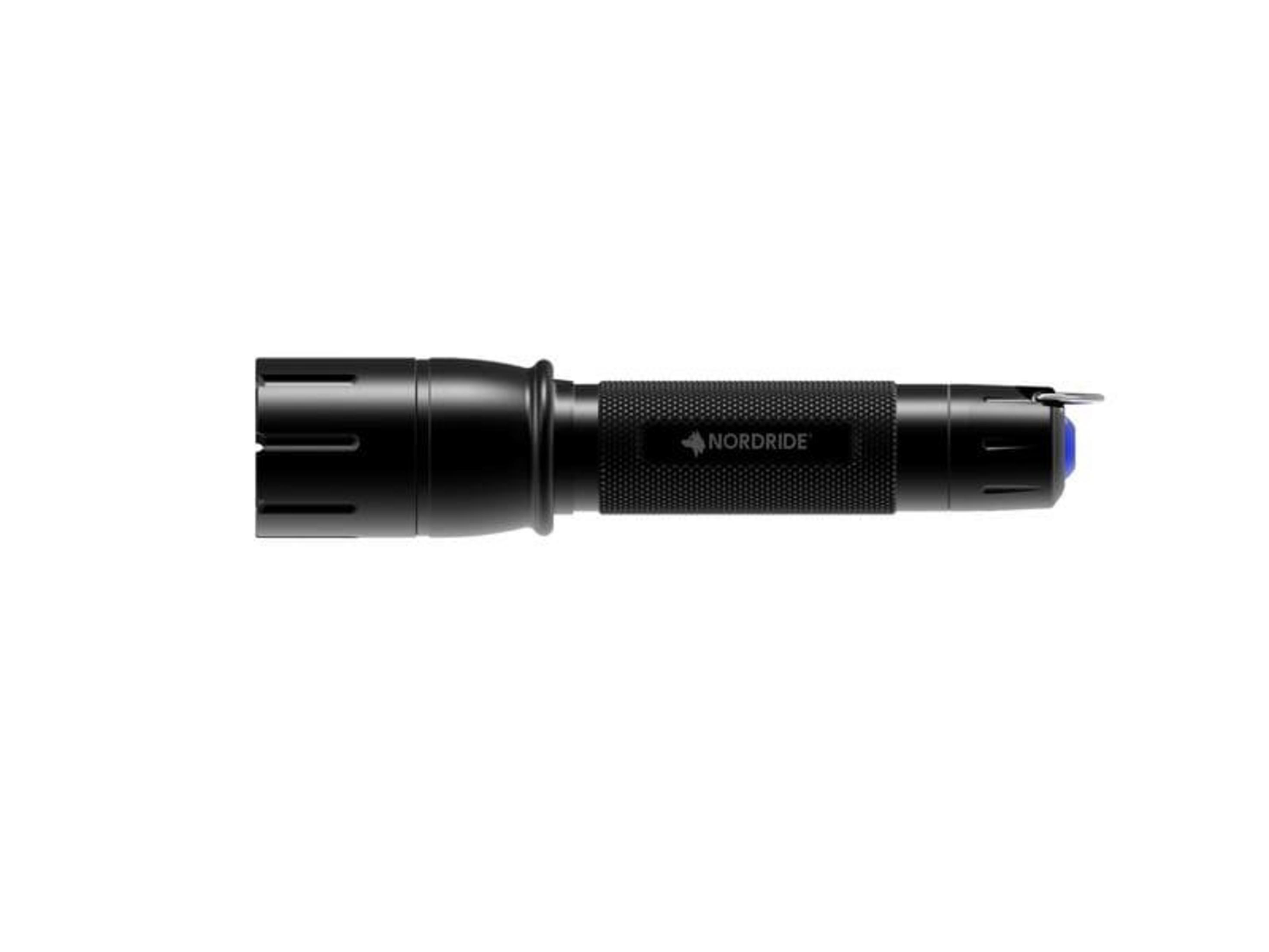 Lampe de poche noire avec poignée texturée et bouton bleu.