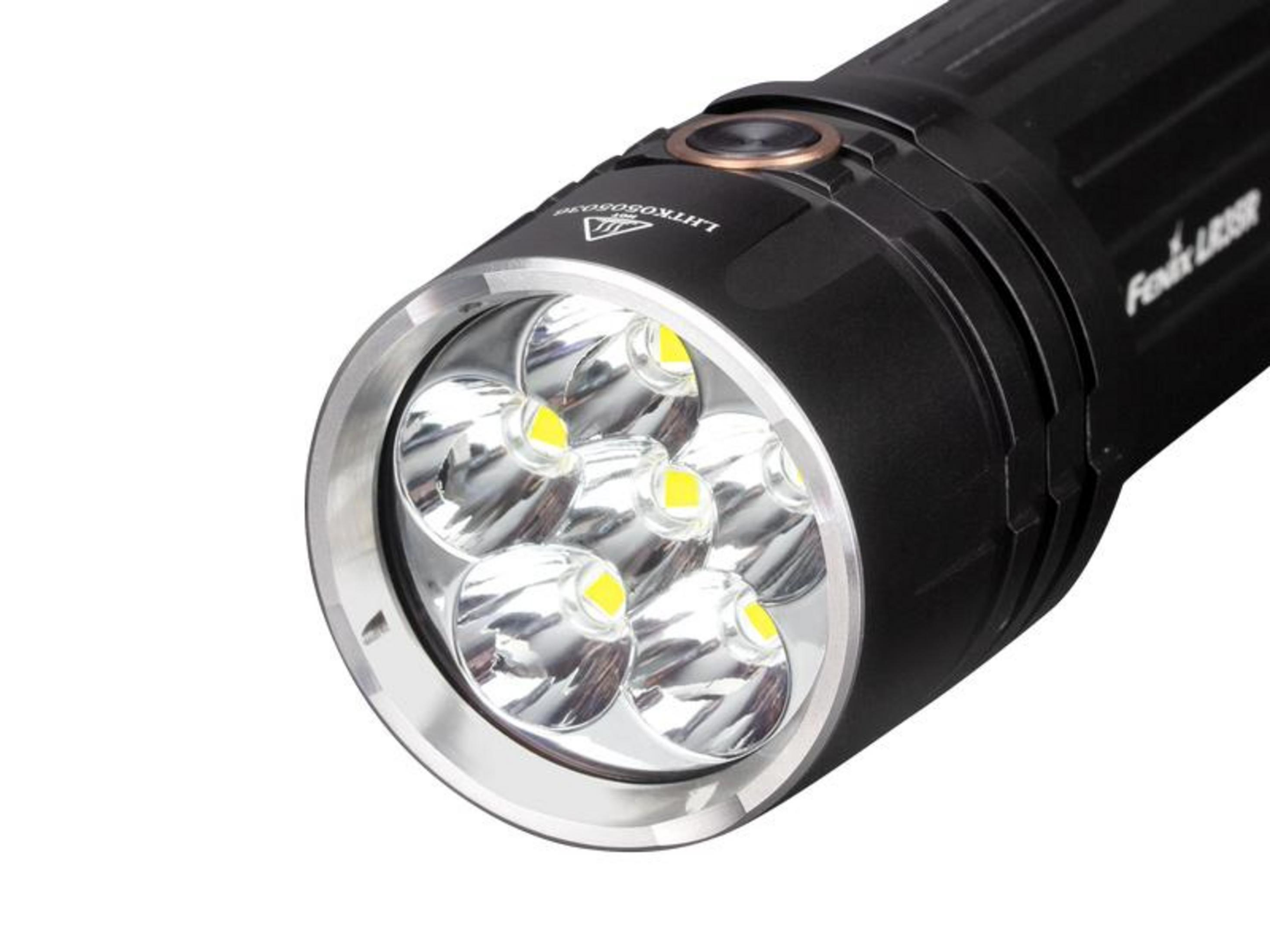Nahaufnahme einer schwarzen Taschenlampe mit sechs Lichtern und silbernem Ring.
