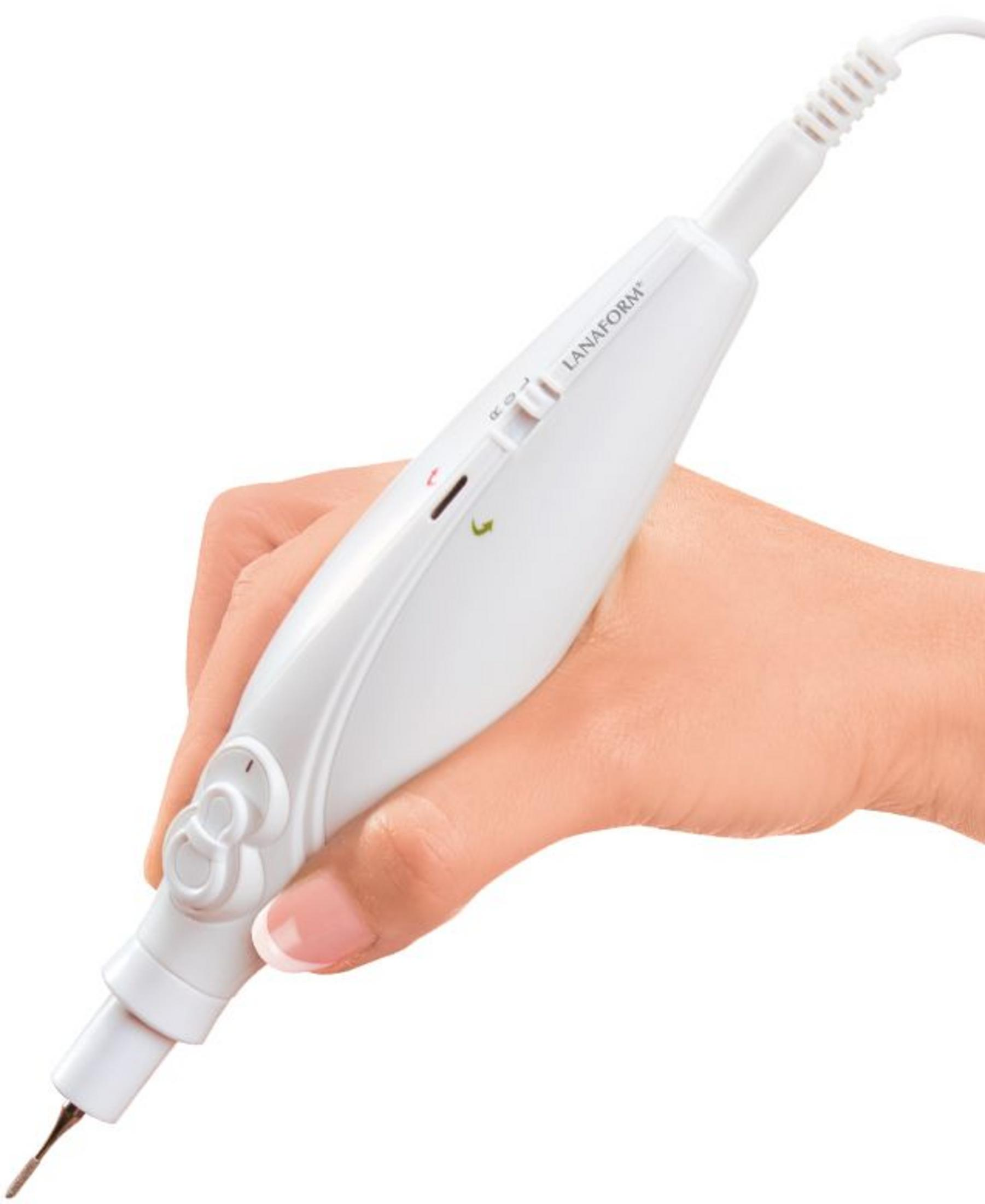 A hand holds a white Lanaform device with an attachment.