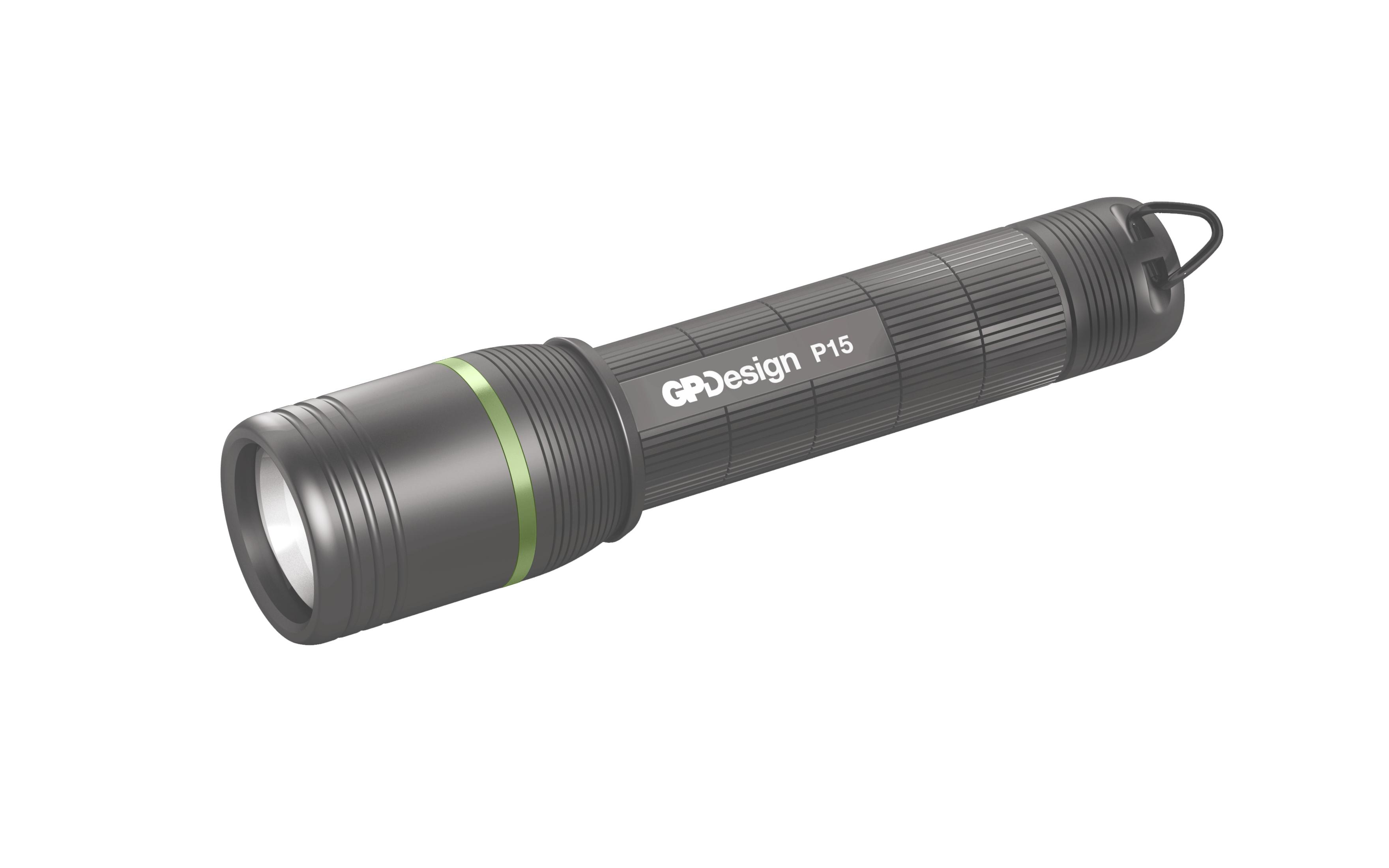 Una linterna oscura con un anillo verde y el texto GPD P15.