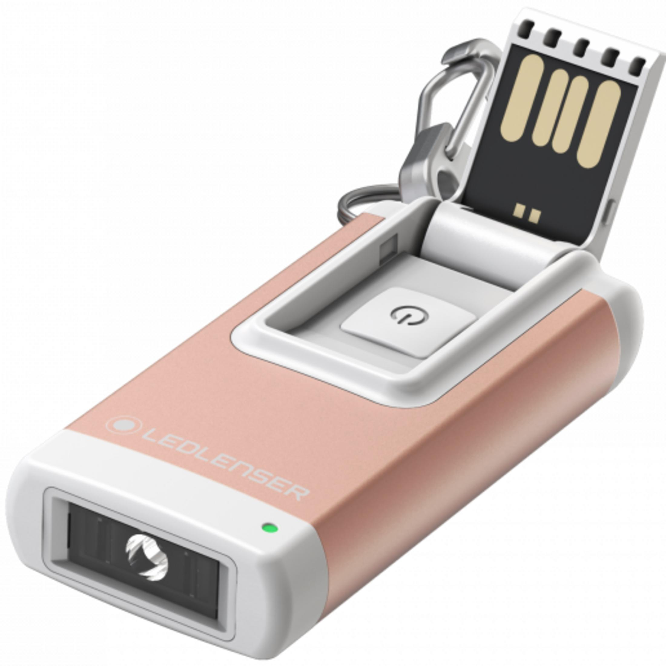 Brelok USB w kolorze różowego złota ze złączem USB, przyciskiem i diodą LED.
