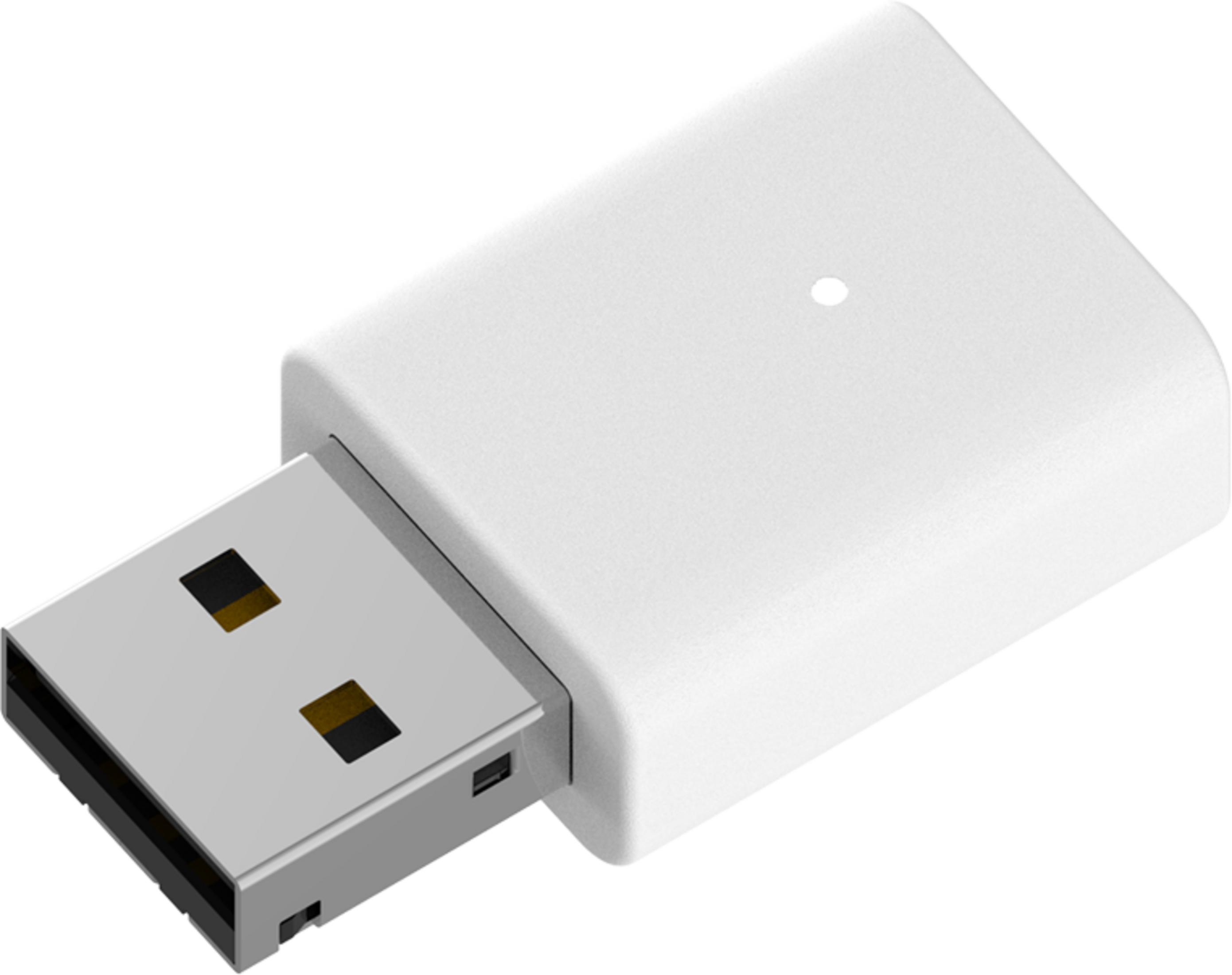 A white USB adapter with a silver connector.