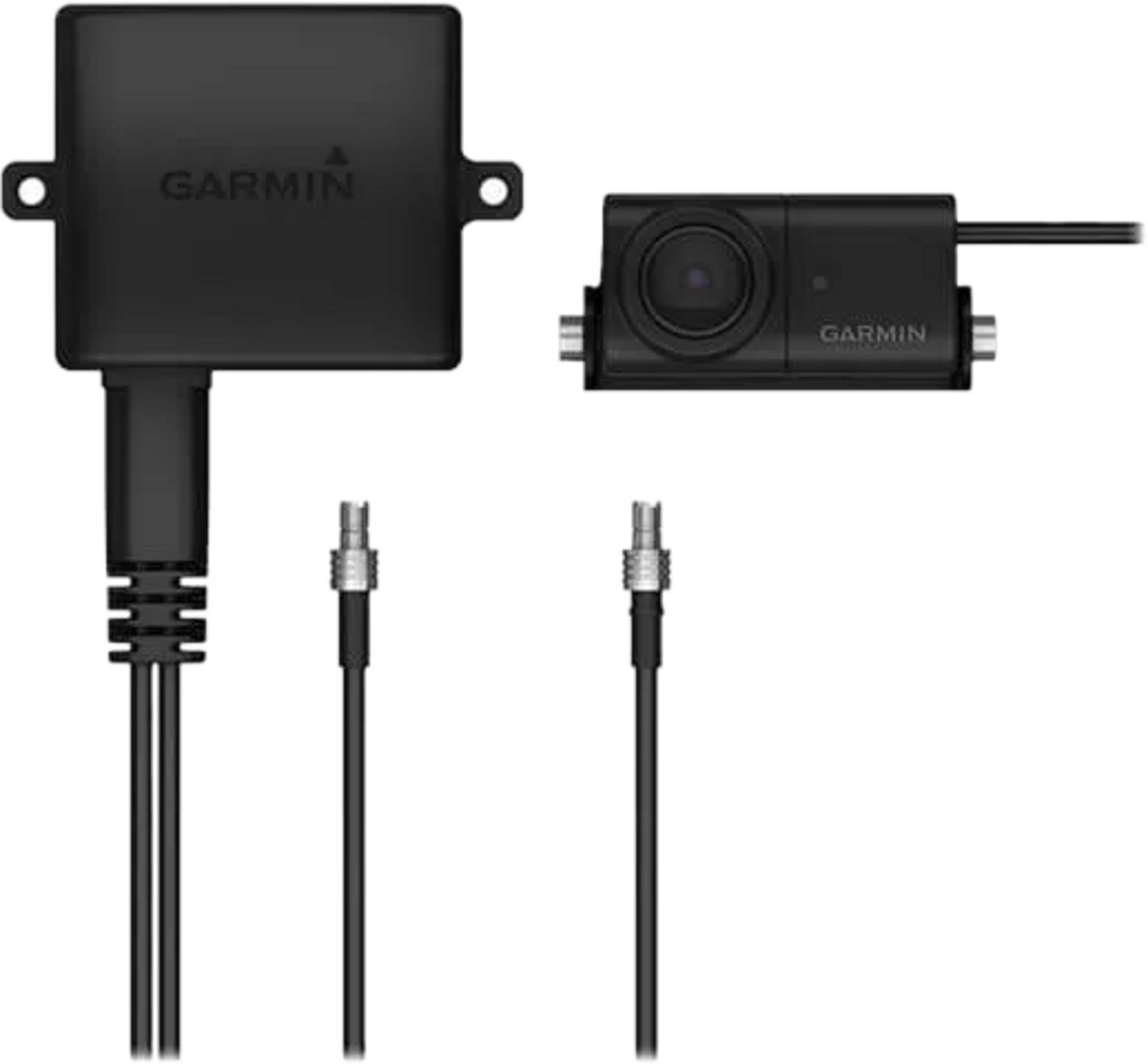 Zwei schwarze Garmin-Geräte: ein Kasten und eine Kamera mit Kabeln.
